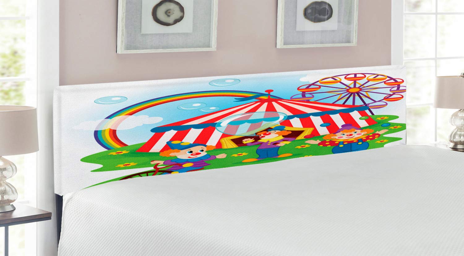 Ambesonne Circus Themed Upholstered Headboard - King Size Decorative Metal Bed Frame with Memory Foam, Vibrant Clown & Ferris Wheel Design, Multicolor Rainbow Childhood Theme - Perfect for Kids' Bedrooms, Nursery Decor or Circus-Themed Parties