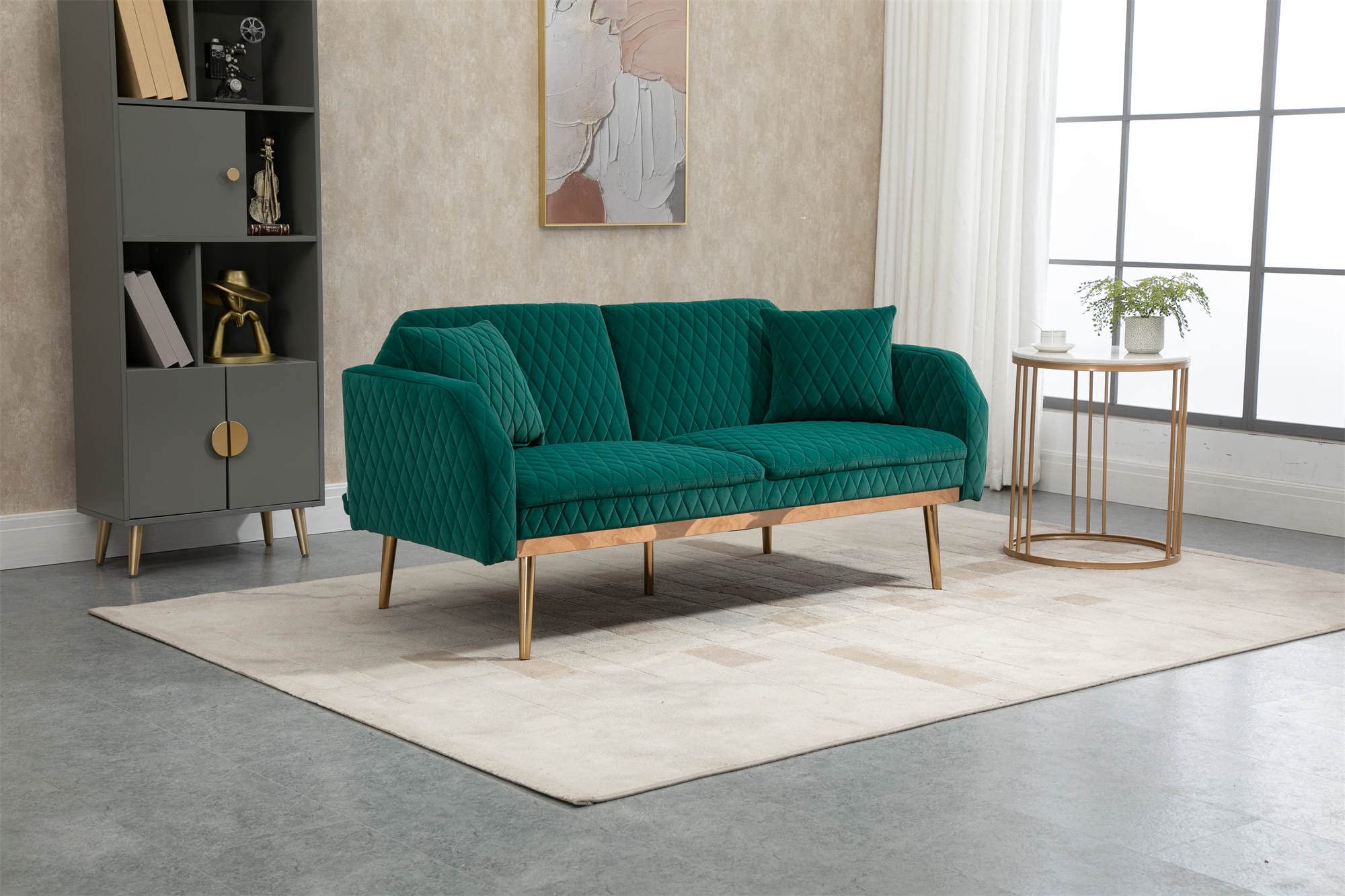 Modern Velvet Convertible Sofa Bed with Golden Metal Legs - Sleeper Loveseat for Living Room & Bedroom - Includes 2 Decorative Pillows - Perfect for Small Spaces, Guest Rooms & Apartments (Green)
