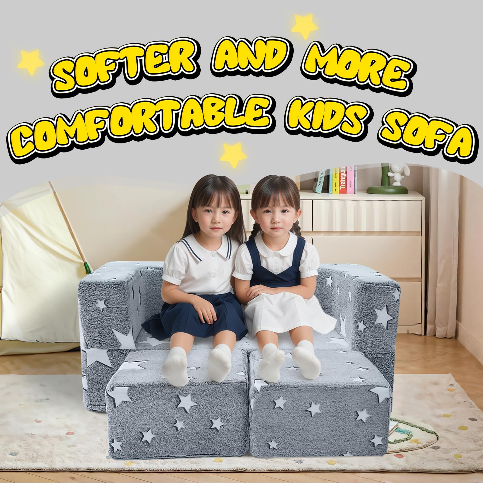 MeMoreCool Modular Kids Play Couch Sofa with Glow in The Dark Stars - Foldable Toddler Couch for Playroom, Nursery & Bedroom - Soft Grey Children's Furniture for Reading, Playtime & Relaxation