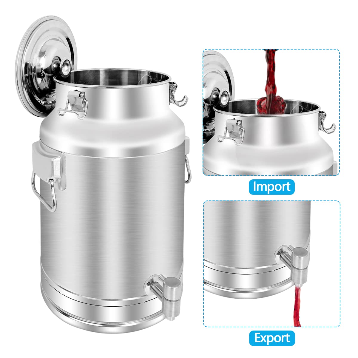Premium 304 Stainless Steel 20L (5.25 Gallon) Milk Can with Spigot & Airtight Lid - Heavy Duty Food Grade Pail for Milk, Wine, Beer, and Beverage Storage - Ideal for Dairy Farms, Home Brewing, and Commercial Use