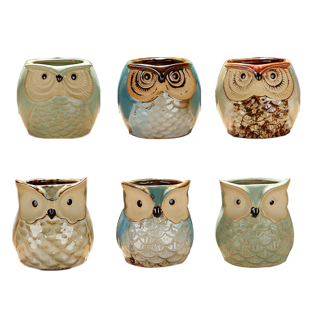 DOITOOL 6-Pack 2.4 Inch Owl Ceramic Flower Pots with Drainage Holes - Cute Succulent Planters, Cactus Pots, Bonsai Containers for Home Decor, Office Desk, Garden & Indoor Plants (Random Styles)