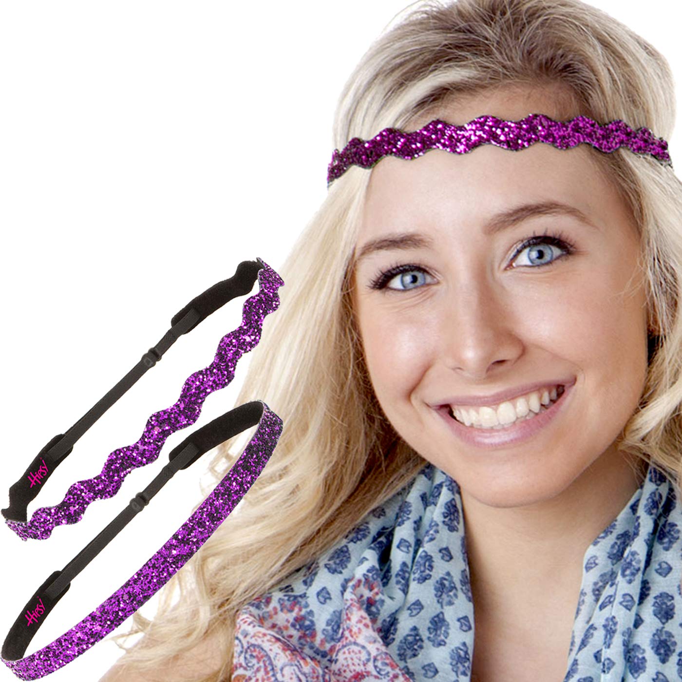 Hipsy PLUS Size Adjustable No Slip Sparkly Bling Headbands for Women, Girls & Teens - 2 Pack Glitter Mixed Fuchsia Headbands for Workout, Yoga, Running & Everyday Fashion Accessories