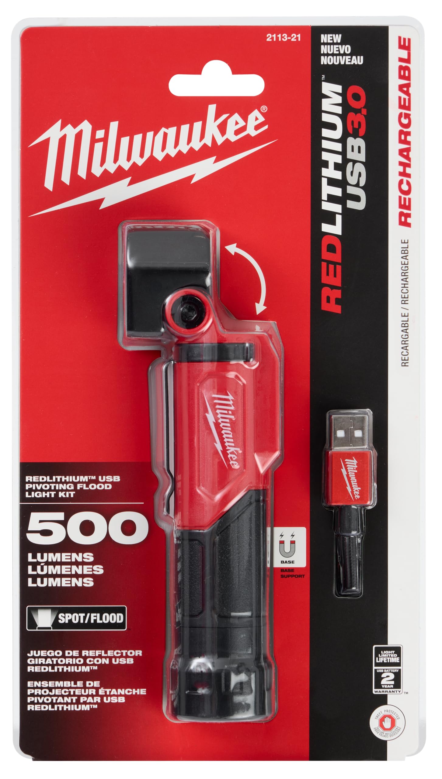 Milwaukee USB Rechargeable Pivoting LED Work Light - Bright 500 Lumens, Magnetic Base, 360° Rotation for Construction, Auto Repair & Home DIY Projects