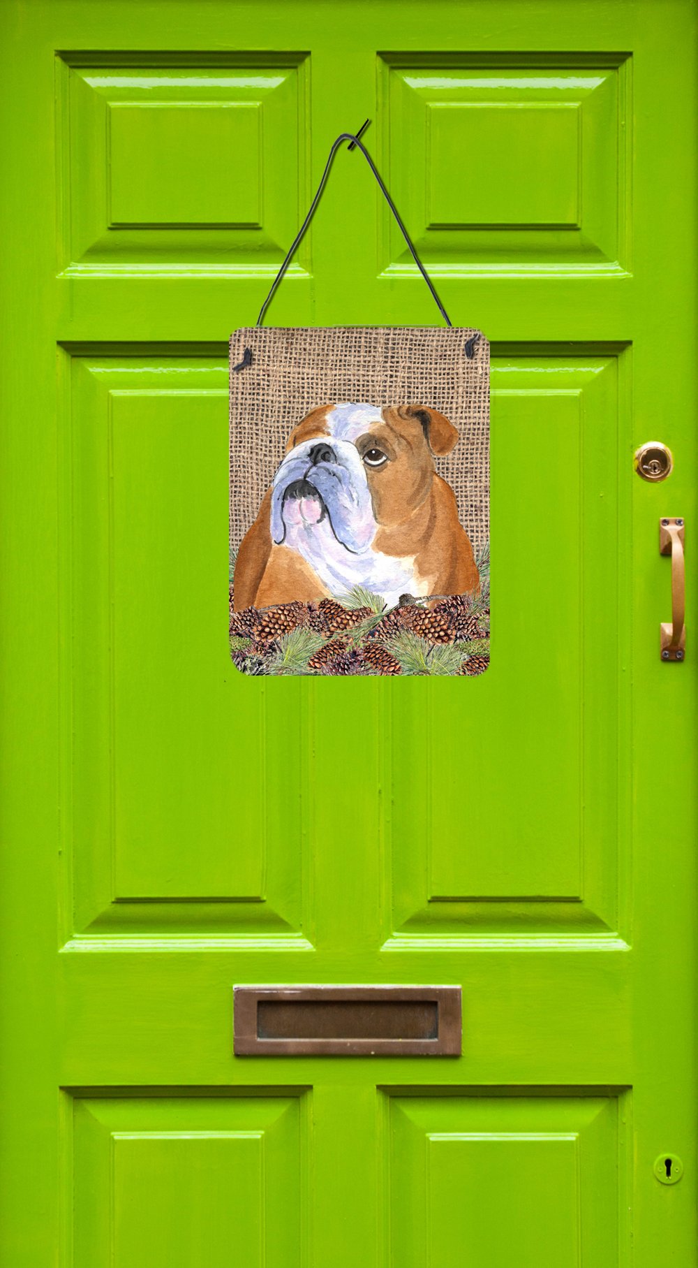 English Bulldog Metal Wall Art Sign - 12x16 Inch Faux Burlap Decor with Pine Cones for Kitchen, Bar, Bathroom, Front Door - Rustic Home Decor Perfect for Dog Lovers & Country Style Interiors