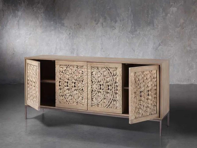 Hand Carved Mandara Media Console TV Stand - Natural Wood Entertainment Center for Living Room, Bedroom & Home Theater
