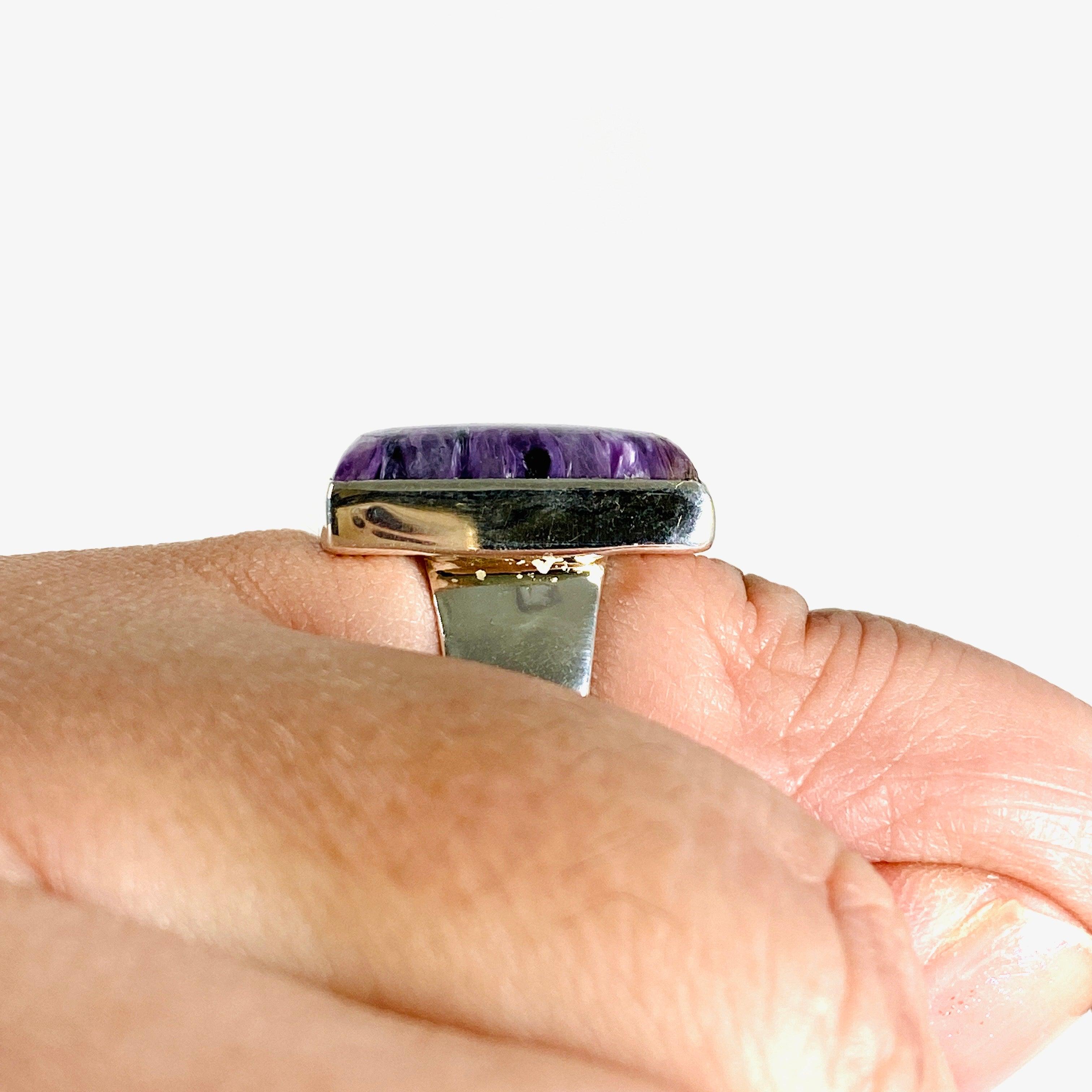 Charoite Silver Rectangular Ring for Women - Size 11 - KRGJ3046 - Elegant Purple Gemstone Jewelry for Everyday Wear & Special Occasions