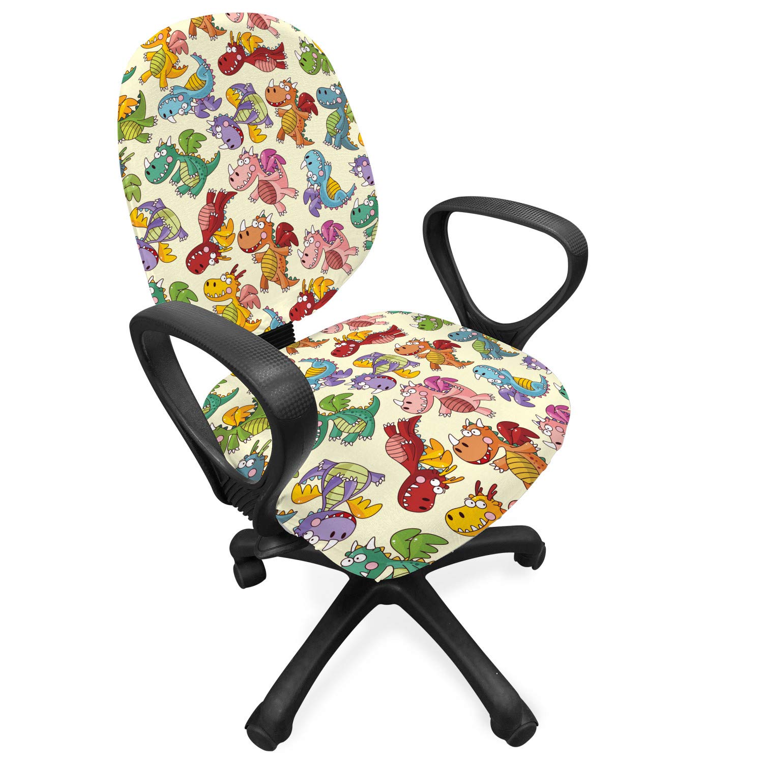 Ambesonne Dinosaur Print Office Chair Slipcover - Colorful Jurassic Themed Stretchable Washable Fabric Cover, Standard Size (Pastel Yellow Multicolor) for Home Office, Gaming Room & Kids' Study Space