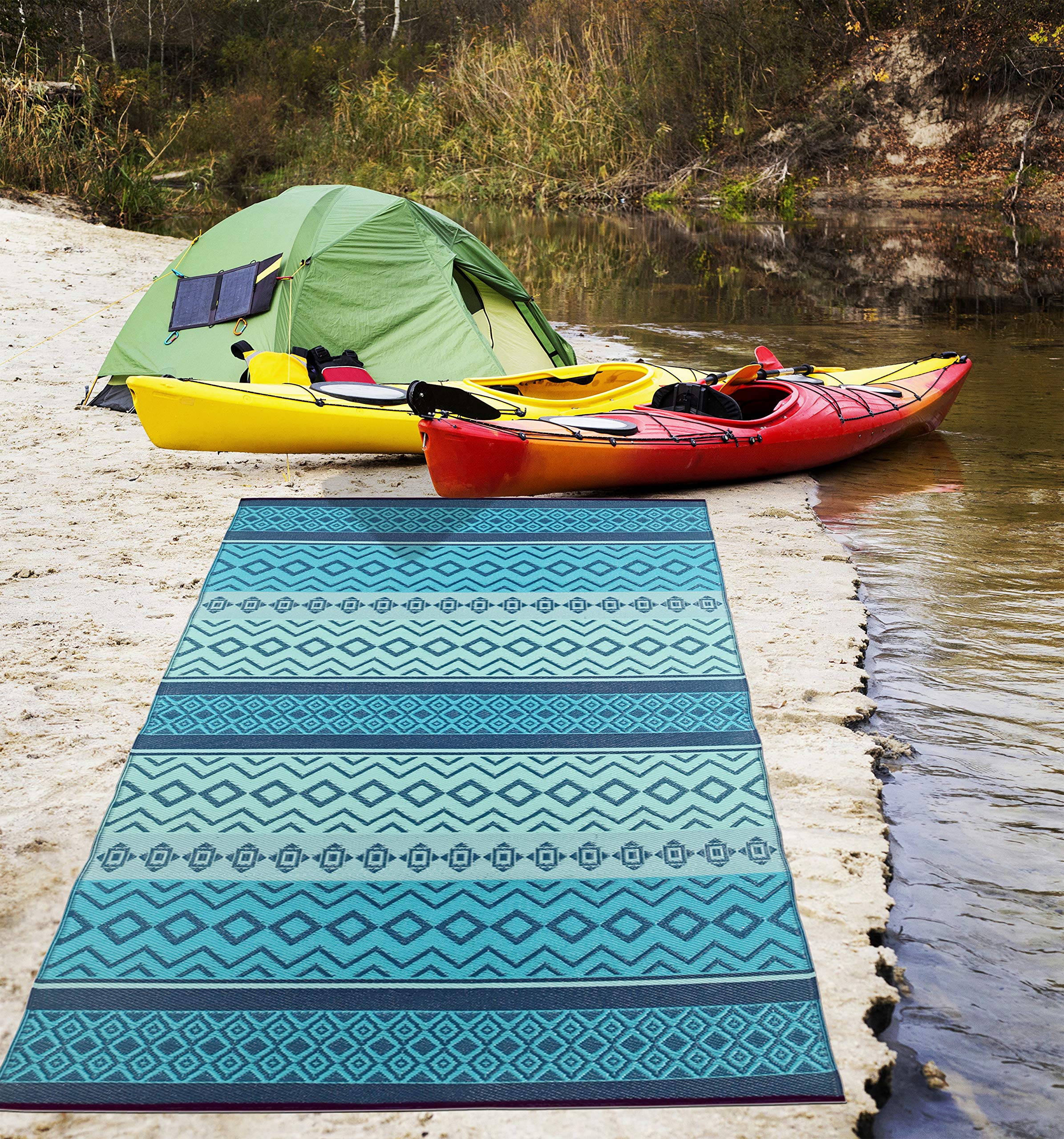 ERBANICA Premium Quick Dry Aqua Blue Oasis Reversible Plastic Rug - Indoor/Outdoor Waterproof Mat for Patio, Picnic, Beach, RV, Camping, Poolside - Perfect for Backyard, Deck, Garden & Outdoor Activities