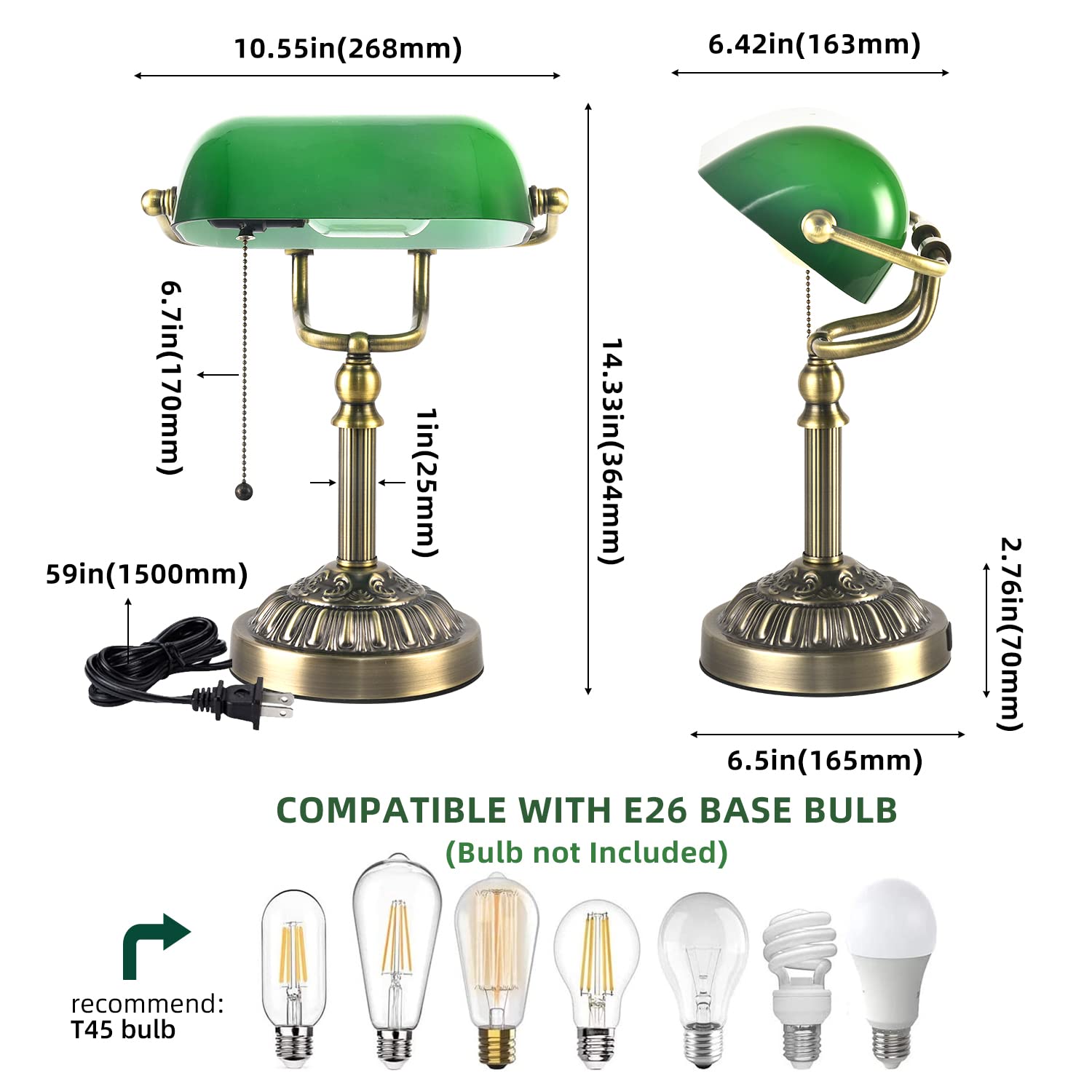 Vintage Green Glass Bankers Desk Lamp with USB Charging Port - Mid Century Farmhouse Style Pull Chain Table Lamp for Home Office, Study & Library - Perfect for Reading, Working & Decorating