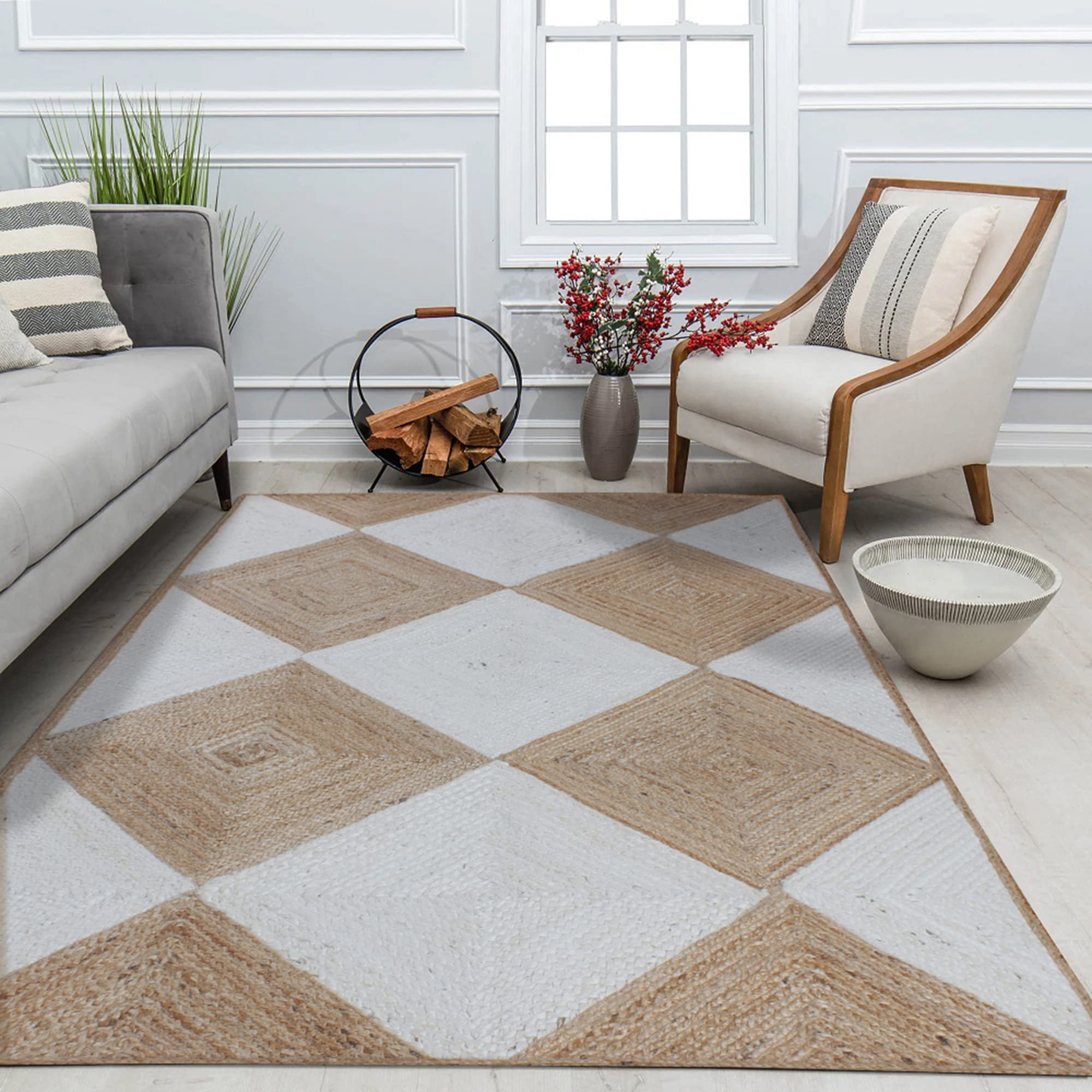 Natural Jute Collection Rectangular Area Rug - 3' x 5', Beige and White Geometric Braided Jute Rug 0.27-inch Thick | Durable & Eco-Friendly Floor Mat for Living Room, Bedroom, Dining Room & High Traffic Areas | Perfect for Boho, Farmhouse & Coastal Home Decor