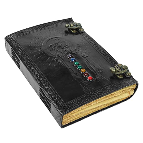 Handmade Leather Journal Book - Medieval Stone Embossed 10x7 Inches Book of Shadows Notebook, College Diary, Poetry & Sketch Book with Deckle Edge Paper (Black) - Perfect for Wiccan Rituals, Journaling, Gift Giving & Creative Writing