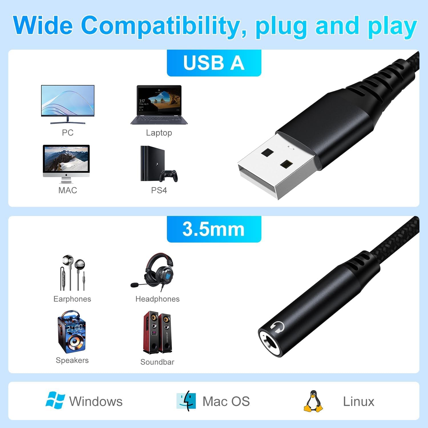 Mizi USB to 3.5mm Audio Jack Adapter - External Sound Card Converter for Headphones, PC, Laptop, Mac, Desktop, Linux & PS4 | Plug & Play Audio Dongle for Gaming, Streaming & Conference Calls (Black)