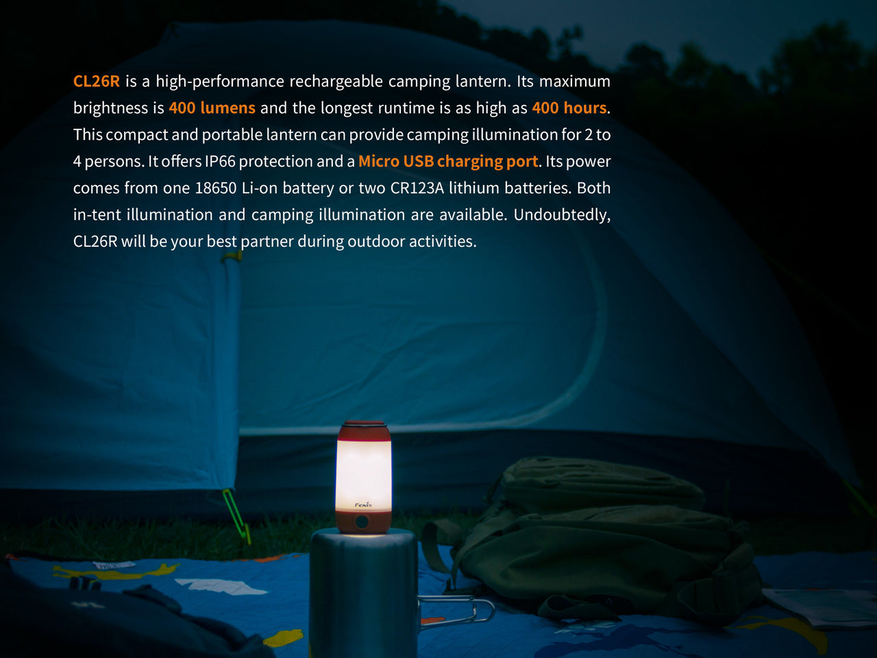 Fenix CL26R Rechargeable LED Camping Lantern - 400 Lumens, Waterproof, Compact for Outdoor Adventures, Hiking, Backpacking & Emergency Use