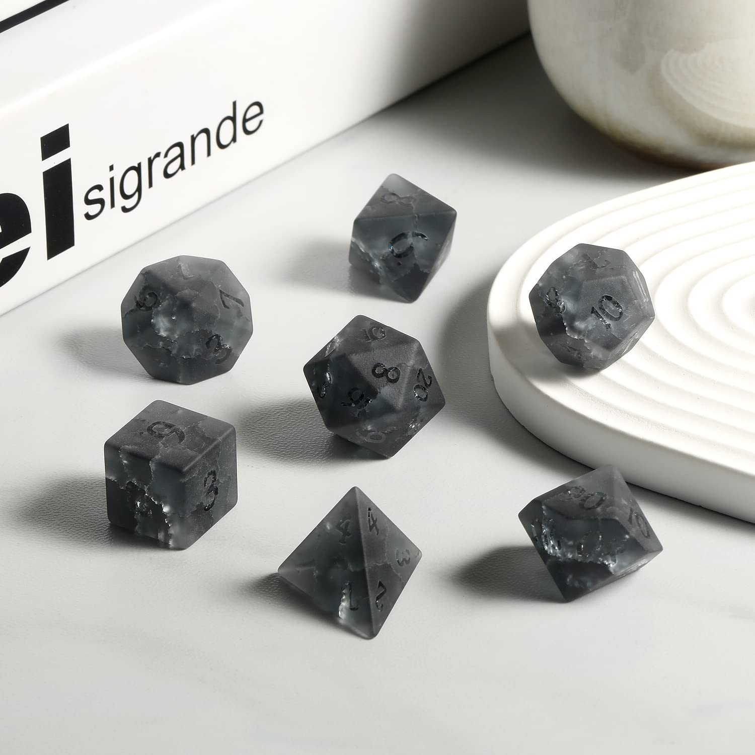 Premium Black Zircon Cracked Glass DND Dice Set - 7-Piece Polyhedral Dice with Raised Numbers for Dungeons & Dragons RPG Tabletop Games | Great Gift for Gamers with Elegant Storage Case | Perfect for D&D Campaigns, Board Game Nights & Roleplaying Adventures