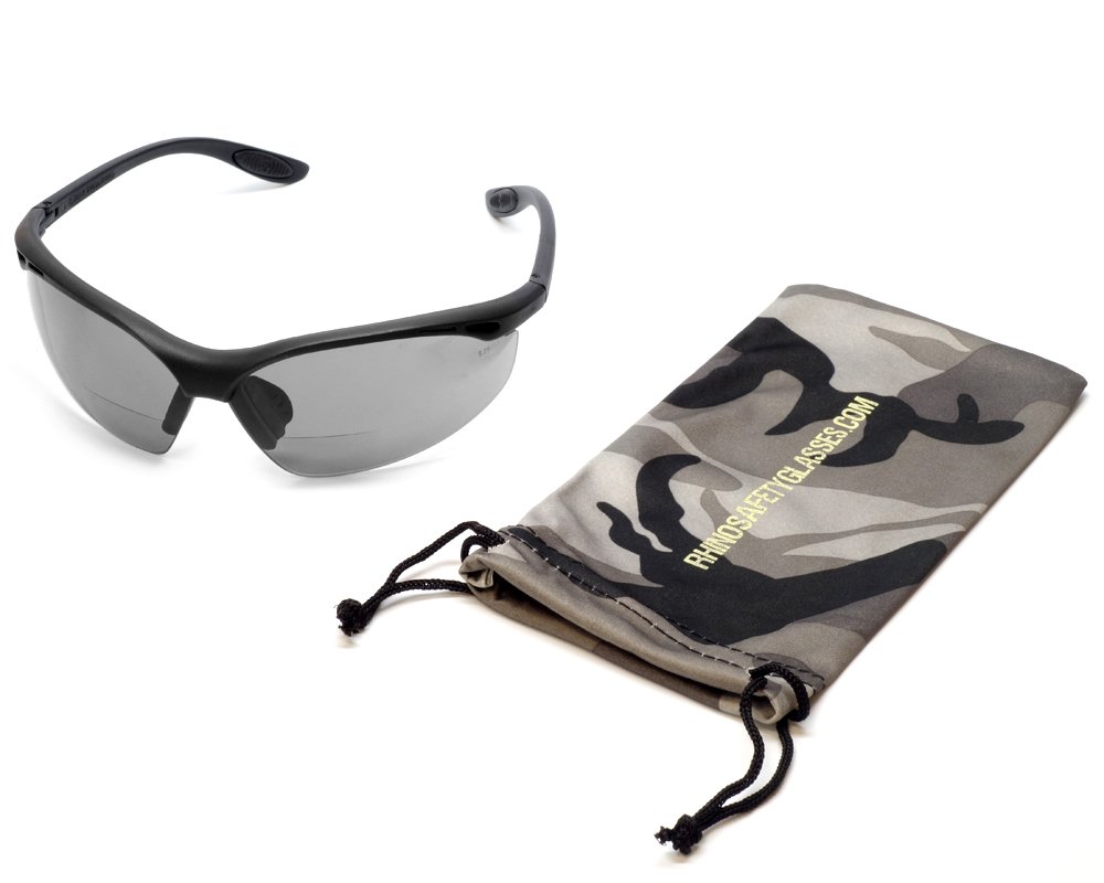 Rhino 91348 Bi-Focal Safety Glasses with UV Protection - Smoke Lens +1.00 Magnification & Green Camouflage Pouch | Ideal for Construction, Woodworking & Outdoor Activities