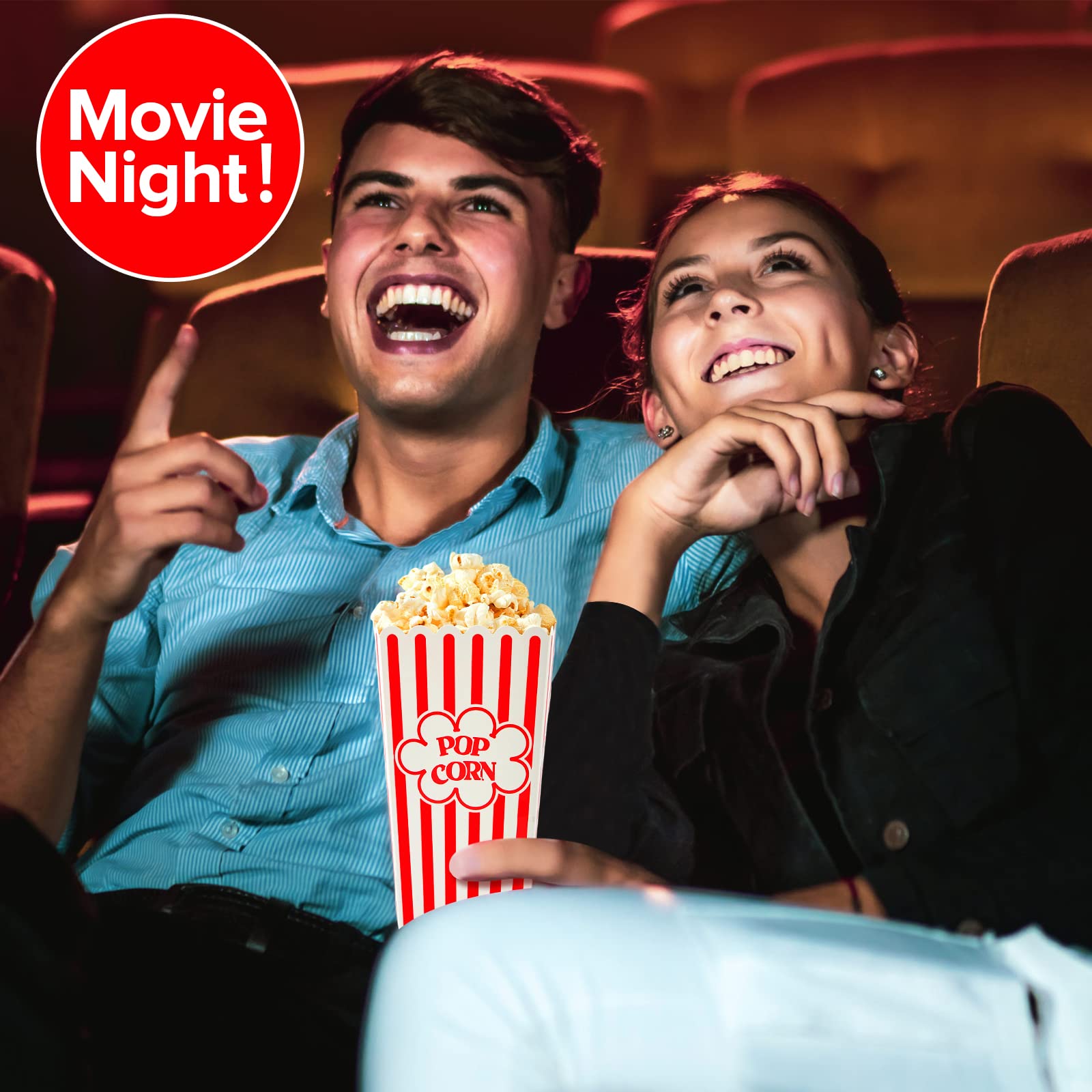 RAYMEA 46 Oz Disposable Popcorn Containers - 28 Pack Red & White Striped Cardboard Popcorn Boxes for Movie Theater, Birthday Parties, and Carnival Events - Bulk Popcorn Holders for Snacks, Concessions, and Home Movie Nights