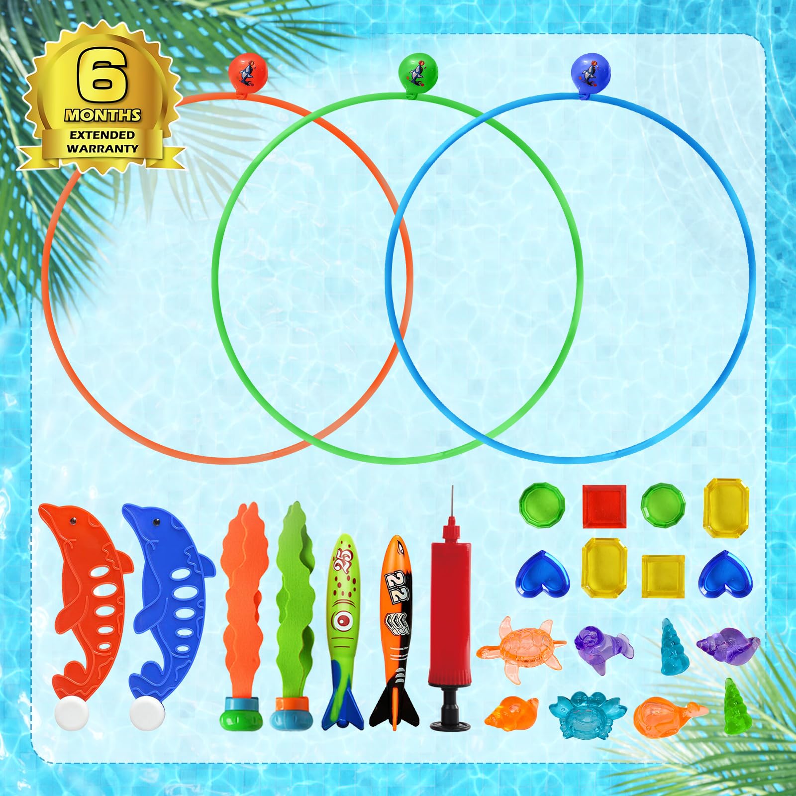 Jasonwell 26PCS Pool Diving Toys Set - Swimming Thru Rings, Underwater Treasures & Torpedo Bandits for Kids & Adults | Fun Water Games for Pool Parties, Summer Swim Training & Family Outdoor Activities