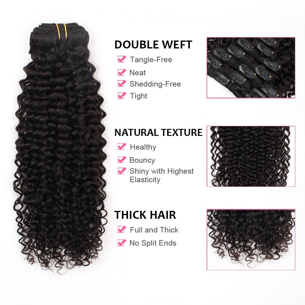 ABH AMAZINGBEAUTY Jerry Curly Clip-in Hair Extensions - 20 Inch 3B/3C Curly Human Hair Wefts (7 Pieces, 120g, 17 Clips) for African American Women - Natural Black | Perfect for Daily Styling, Special Occasions & Protective Hairstyles
