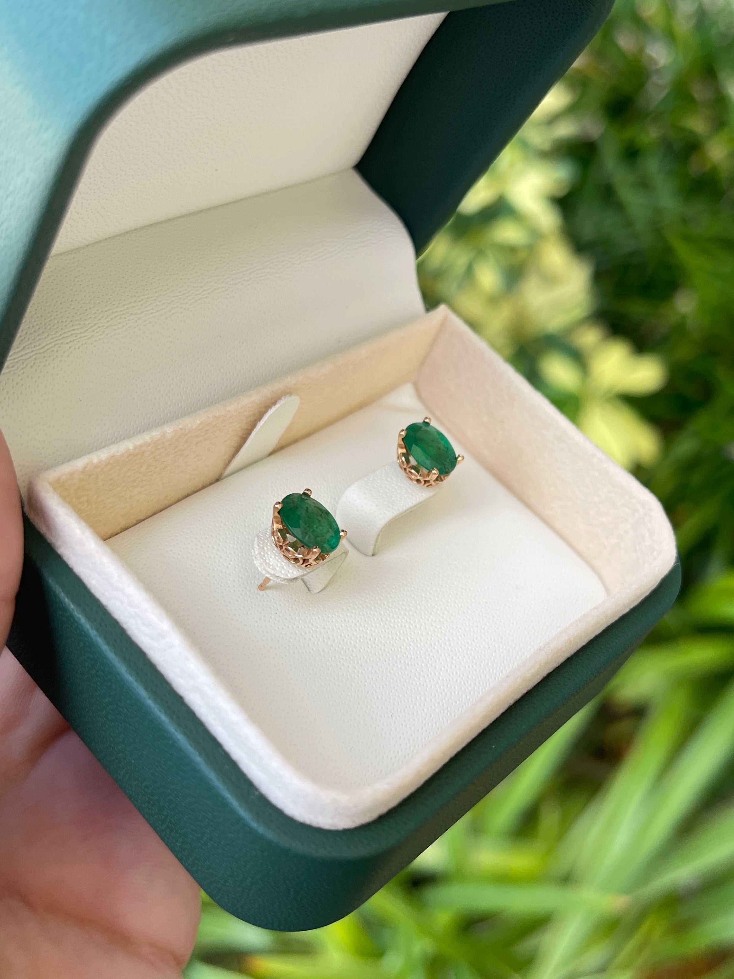 2.50tcw Oval Cut Dark Sea Green Emerald Earrings in 14K Gold - Fleur De Lis Design for Women, Gift for Anniversary, Wedding, or Special Occasion