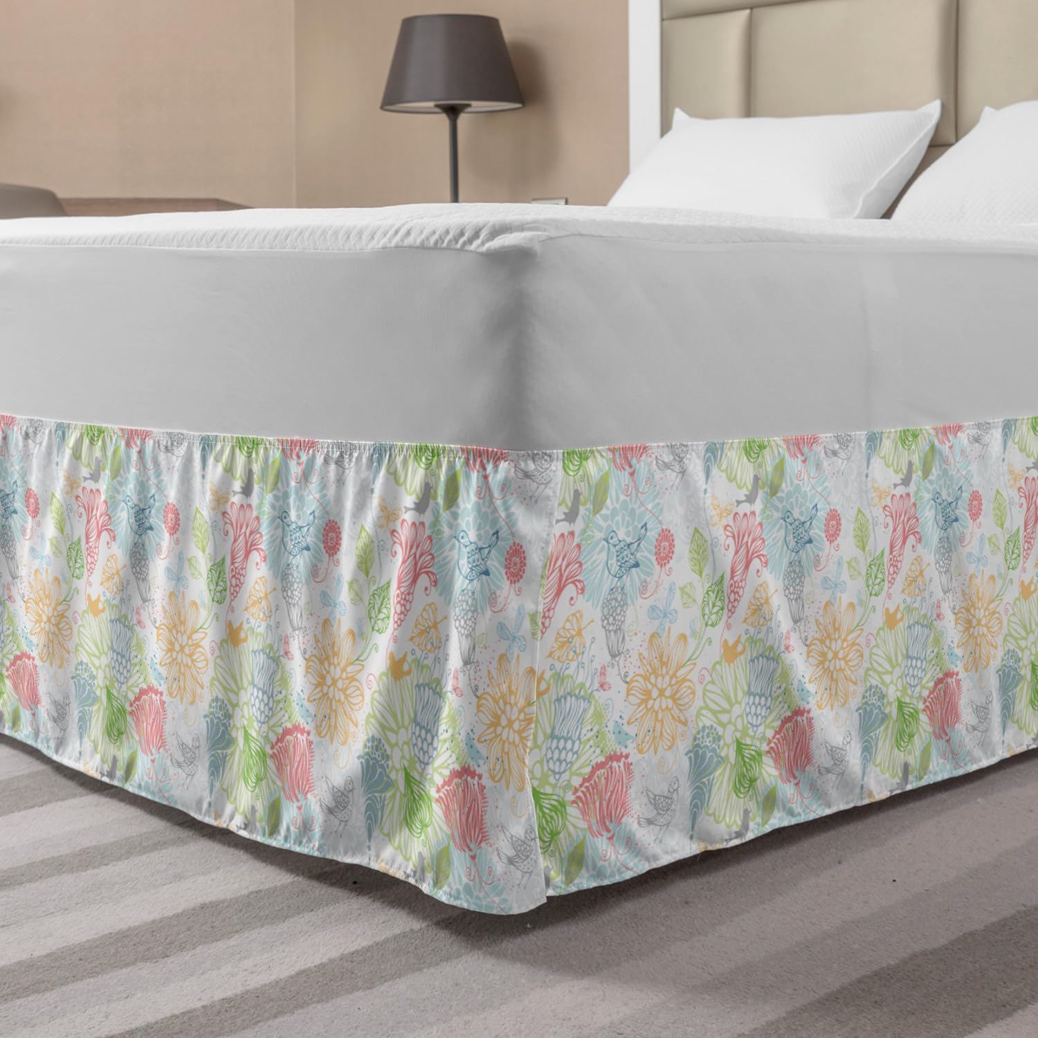 Ambesonne Spring Bed Skirt - Floral Bird Pattern Elastic Wrap Around Bedskirt for King Size Beds, Nature-Inspired Bedroom Decor with Gathered Design (Multicolor) - Perfect for Master Bedrooms, Guest Rooms & Home Staging