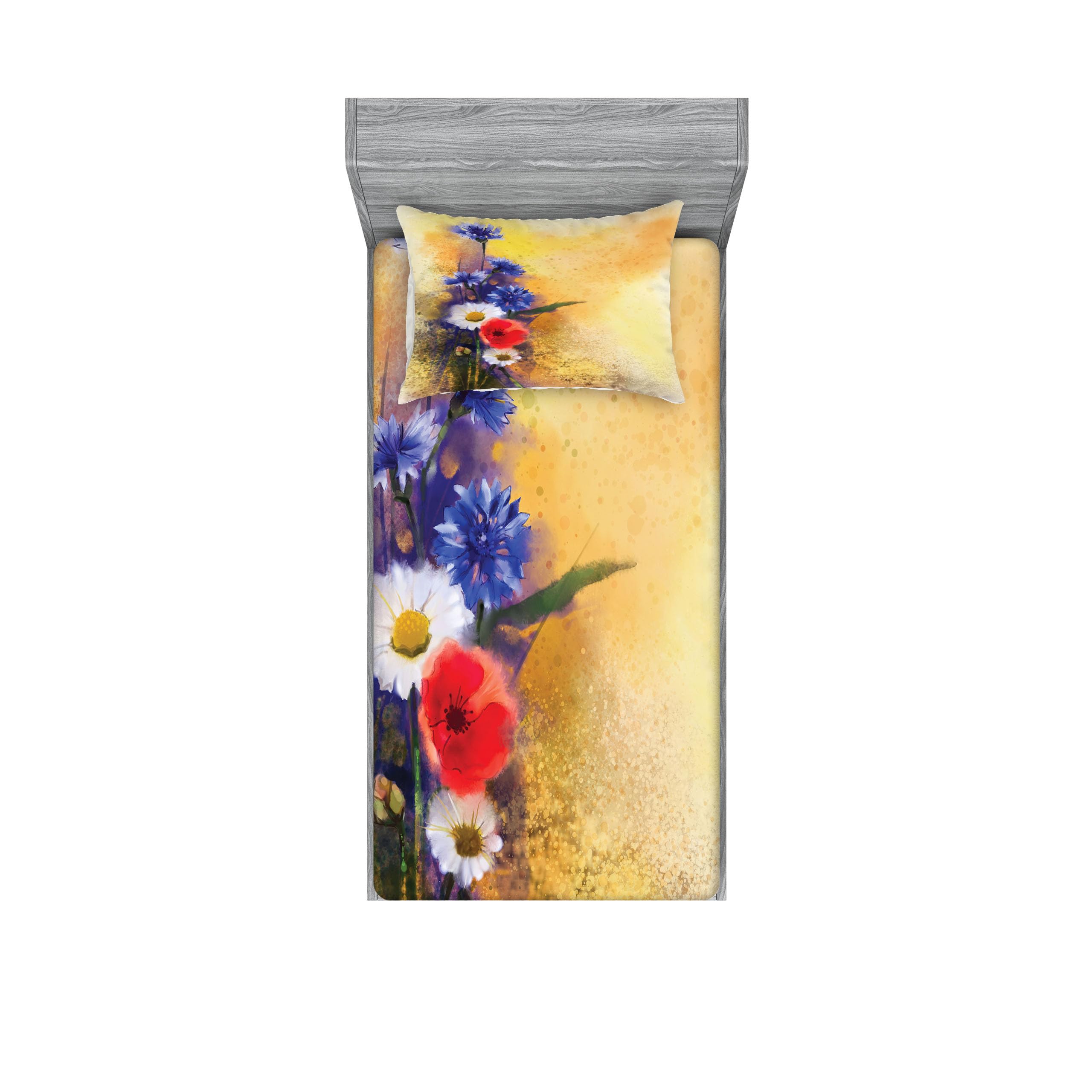 Ambesonne Floral Fitted Sheet & Pillow Sham Set - Poppy Flowers, Cornflower, Pastel Chamomile Petal Artwork, Blue & White Twin XL 2-Piece Bedding Set | Soft Printed Decor for Guest Rooms, Dorm, or Boho Bedroom Decor