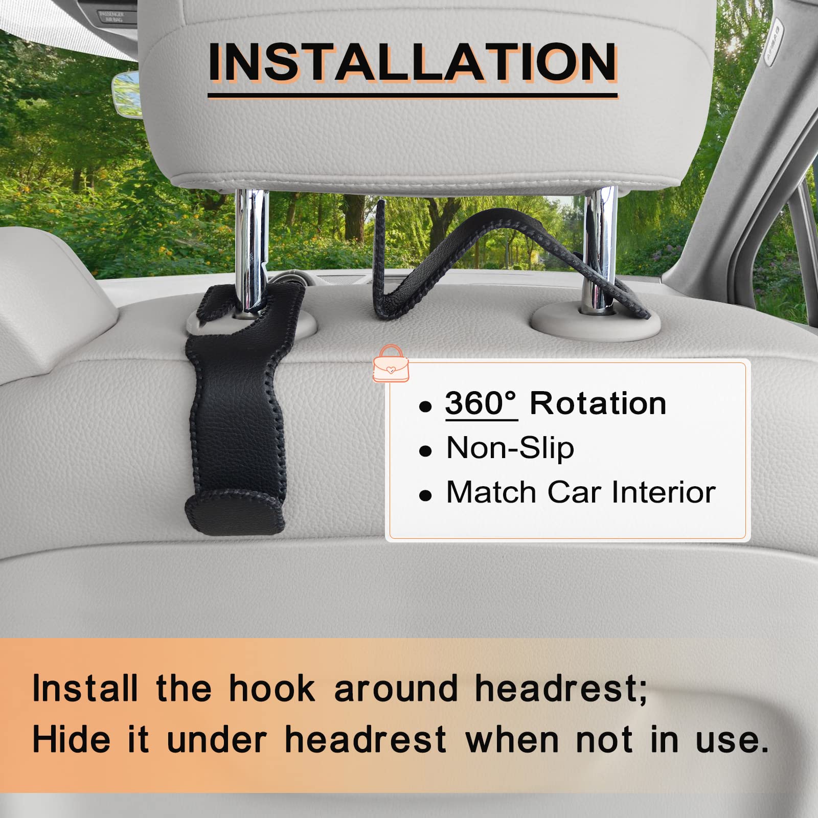 Premium Leather Car Purse Hooks 4 Pack - Auto Headrest Hangers for Purses, Bags & Shopping - Perfect for Groceries, Handbags & Work Essentials - Durable Seat Hook Organizer for SUV, Sedan & Road Trips