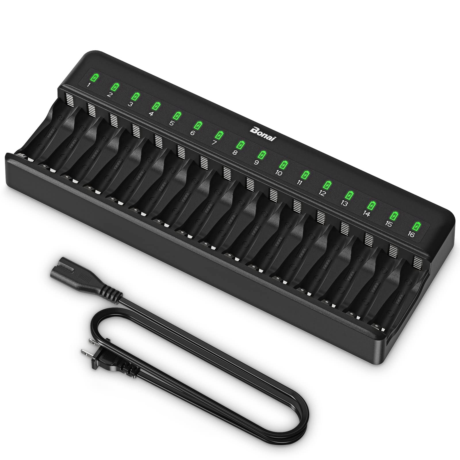 BONAI 16 Bay AA AAA Battery Charger for NiMH NiCD Rechargeable Batteries - Independent Control with LED Indicator & US AC Plug (Batteries Not Included) - Perfect for Home, Office, and Emergency Kits