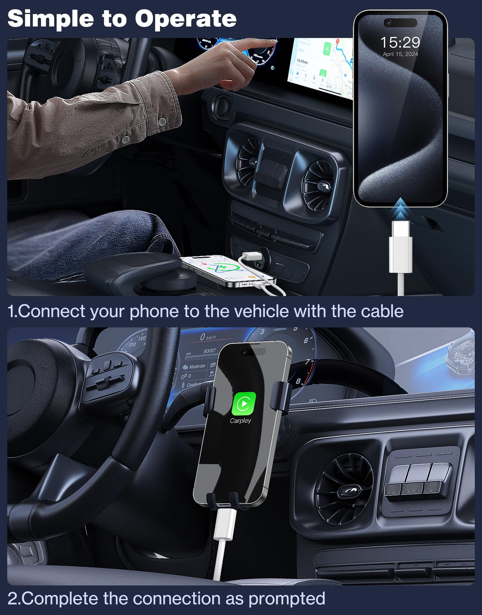 USB C to USB A Fast Charging Cable for Apple CarPlay & Android Auto - 1ft Braided Nylon Cord Compatible with iPhone 16/16e/15 Pro Max, Samsung Galaxy S25/S24 - White | Car Charging & Data Transfer for Road Trips & Commuting