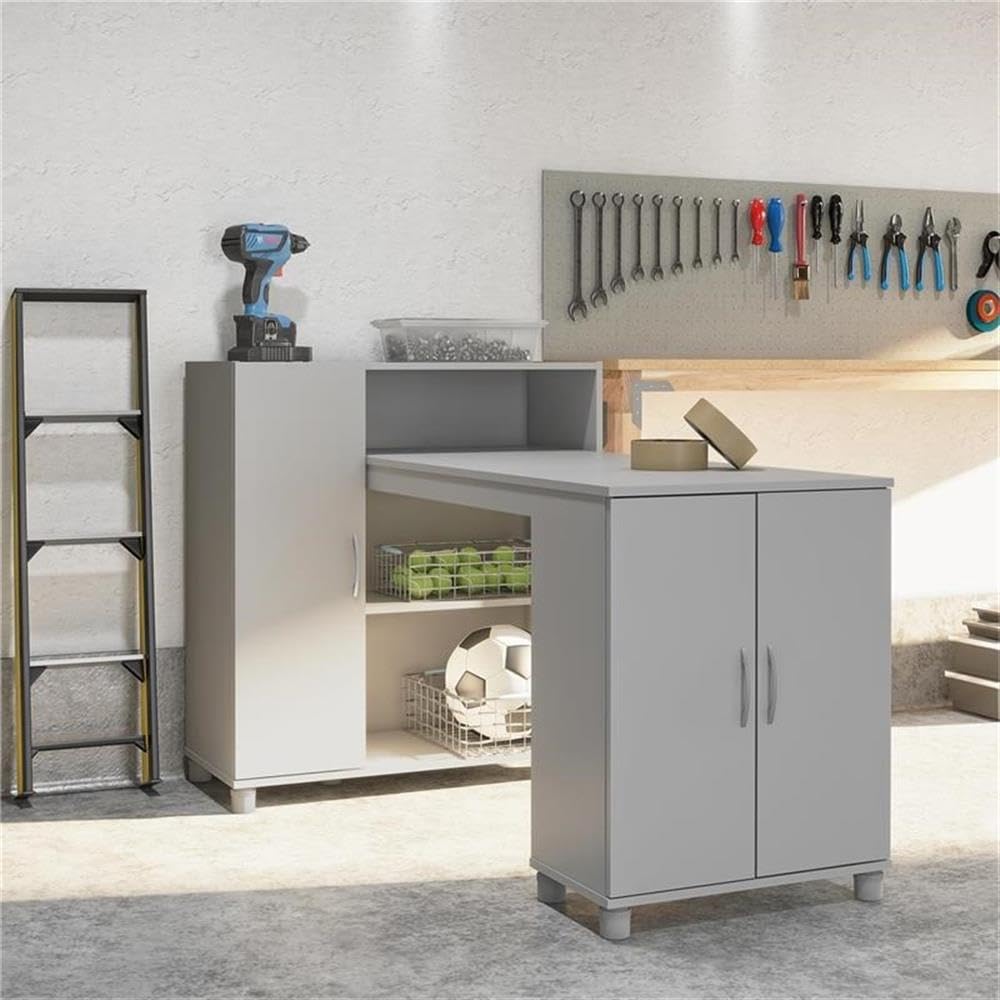 Pemberly Row Transitional Wood Hobby & Craft Desk with Storage Cabinet - Gray Home Office Desk for Artists, Writers & DIY Projects - Perfect for Small Spaces & Craft Rooms