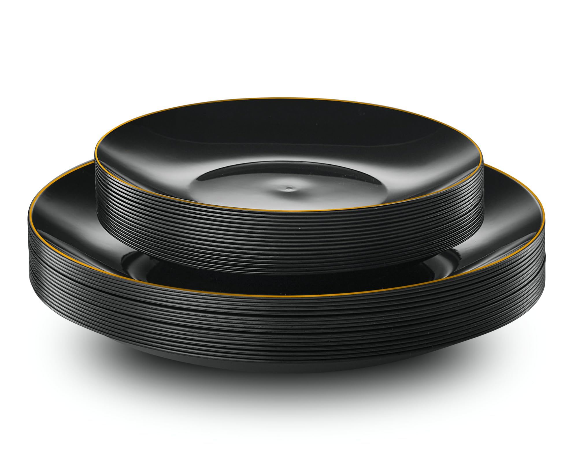 PLASTICPRO 32-Piece Combo Plate Set - 16x7'' Appetizer Plates & 16x10'' Dinner Plates - Elegant Black Plastic with Gold Rim Design - Heavyweight Disposable Party Tableware for Weddings, Catering & Outdoor Events