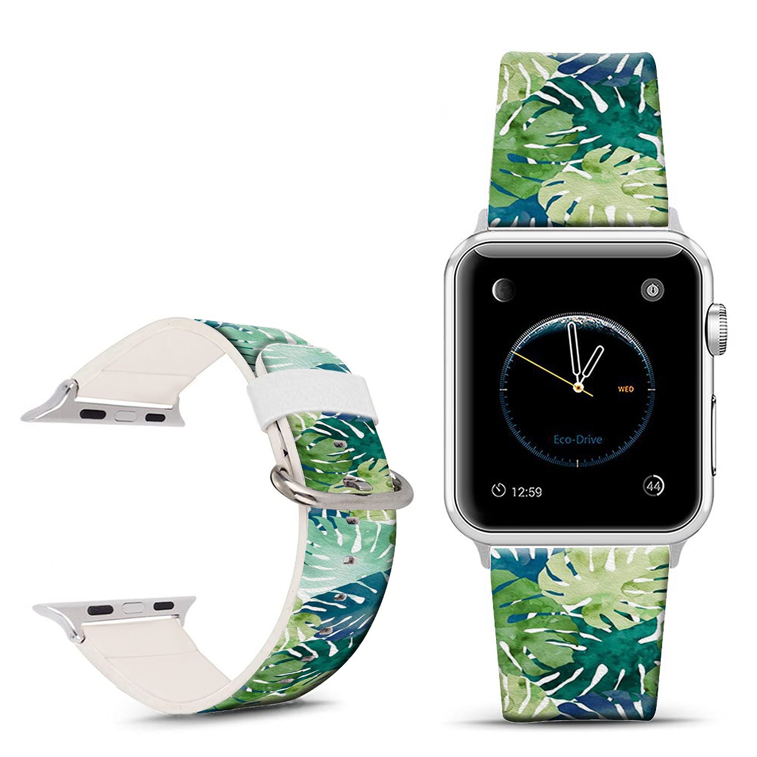 DOO UC Christmas Floral Watch Band for Apple Watch 42mm/44mm - Blue Leaves Leather Strap Compatible with iWatch Series 6/5/4/3/2/1 - Fade-Resistant Printed Design for Women & Men - Perfect for Holiday Gifts & Everyday Fashion Accessories