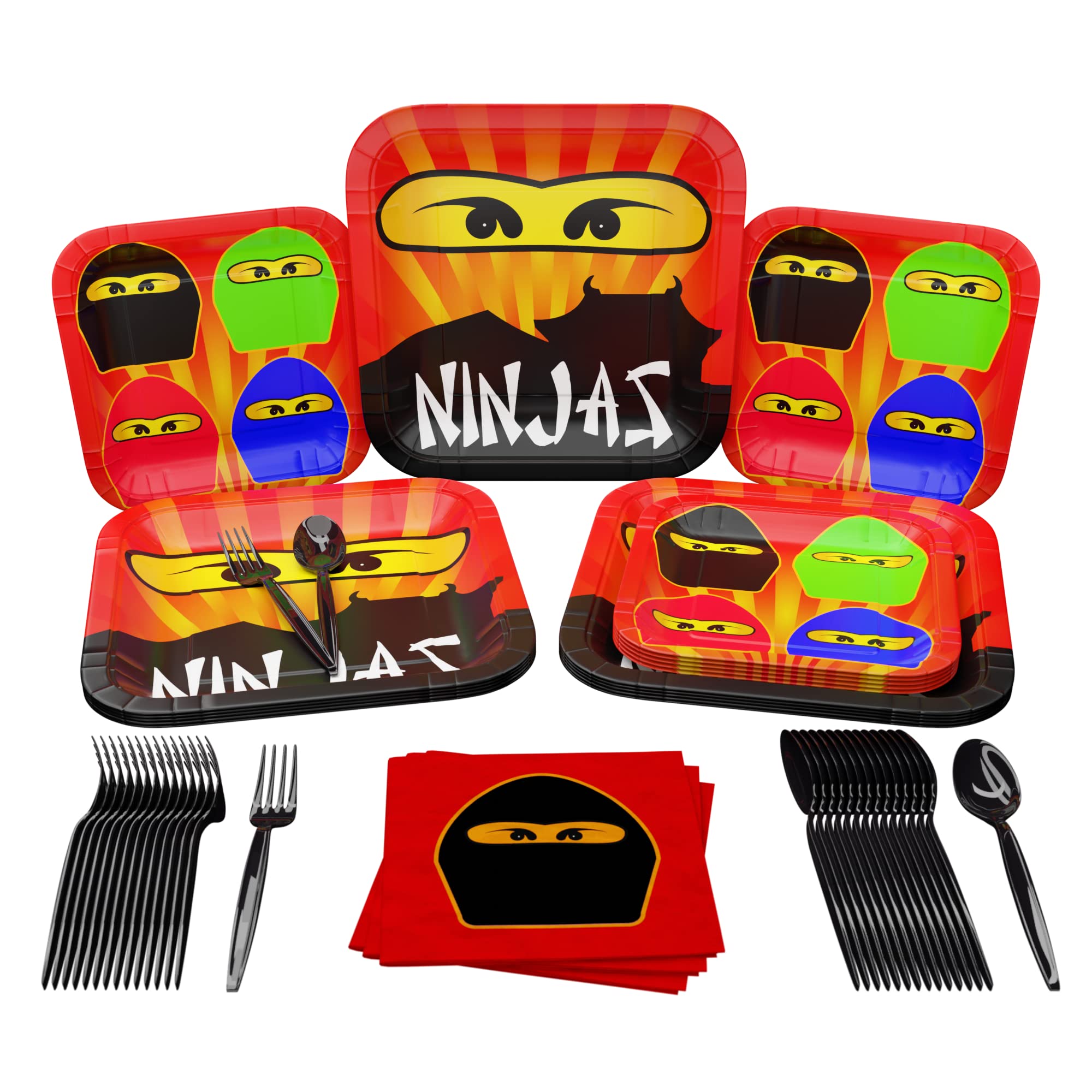 Blue Orchards Ninja Master Party Supplies Pack (100 Pieces for 16 Guests) - Ninja Birthday Party Decorations, Plates & Napkins Set, Spy Theme Party Supplies - Perfect for Kids Birthday Parties, Themed Events & Ninja Warrior Celebrations