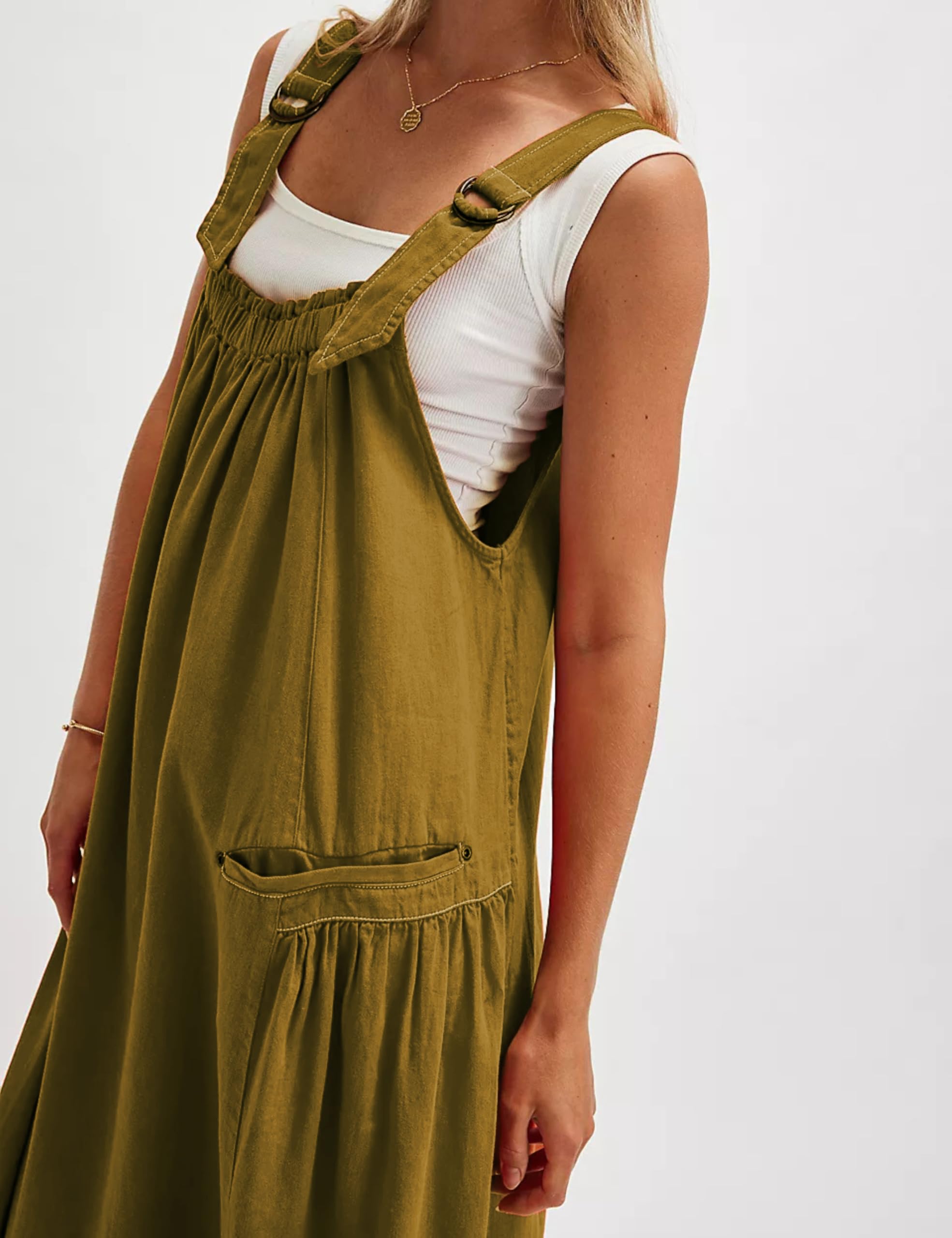 Hooever Women's Loose Fit Barrel Midi Dress with Adjustable Straps & Big Pockets - Army Green Long Maxi Dress Jumpsuit for Casual Outings, Beach Wear & Summer Fashion