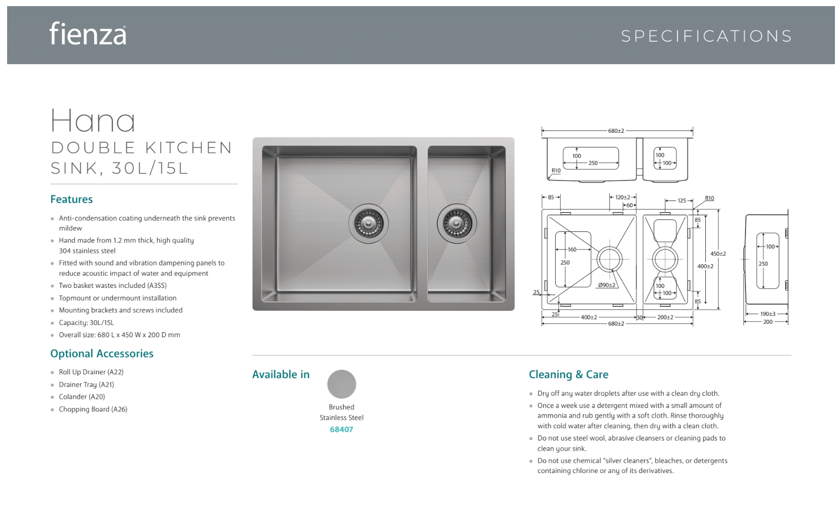 Fienza 68407 Hana Double Bowl Kitchen Sink 30L & 15L Stainless Steel with Drainboard & Accessories - Perfect for Busy Kitchens, Restaurant Prep, and Large Family Cooking