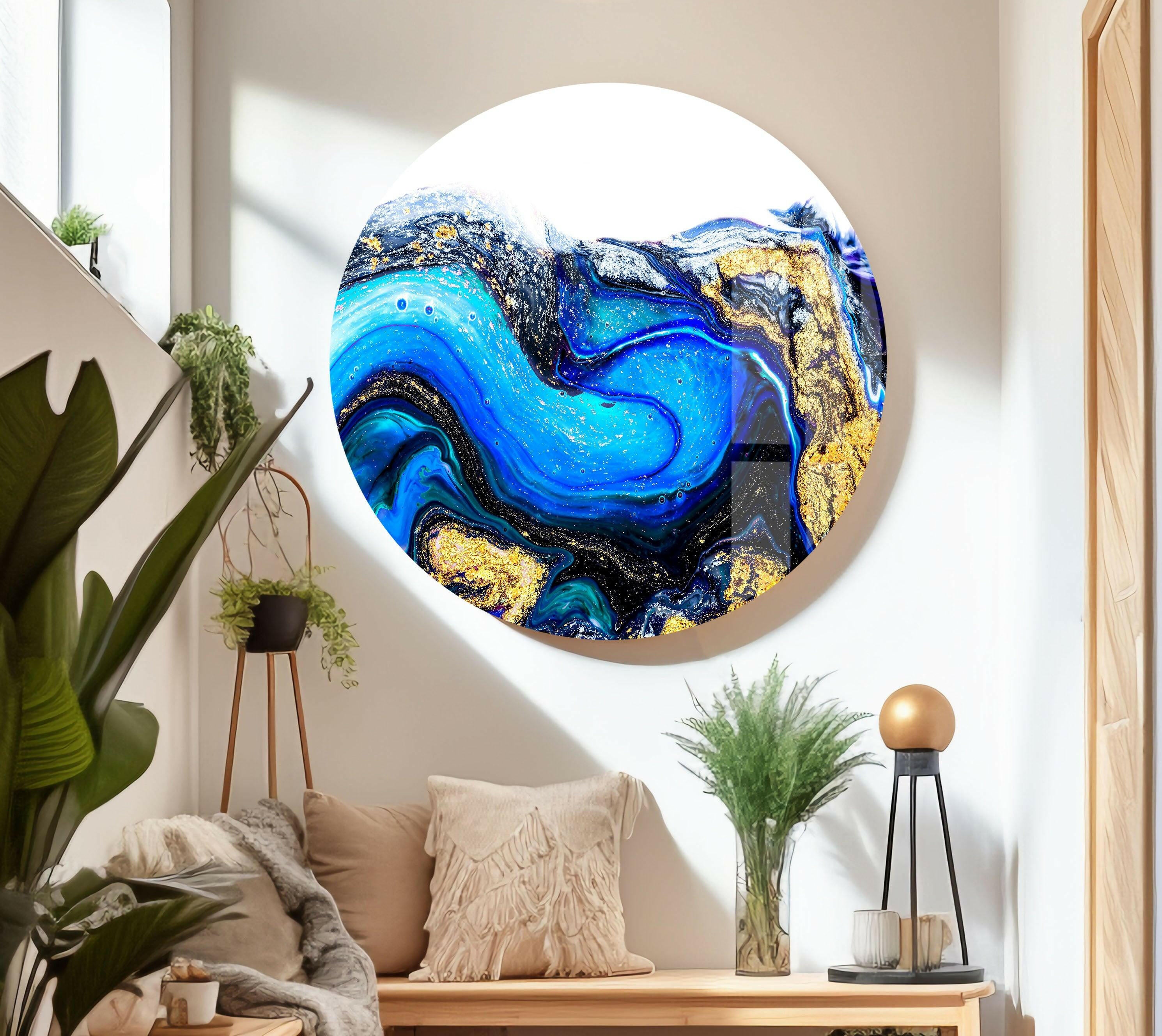 Blue Gold Marble Abstract Glass Wall Art - Modern Home Decor for Living Room, Bedroom & Office - Elegant Handmade Glass Panel for Contemporary Interior Design