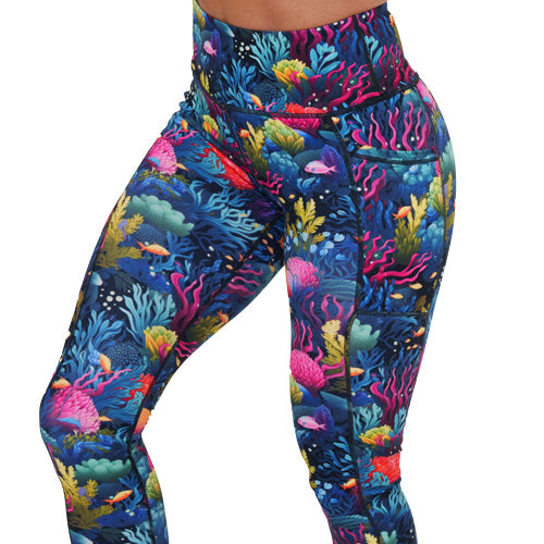 Coral Reef Print Yoga Leggings for Women - High Waisted Stretchy Workout Pants for Gym, Running & Lounge