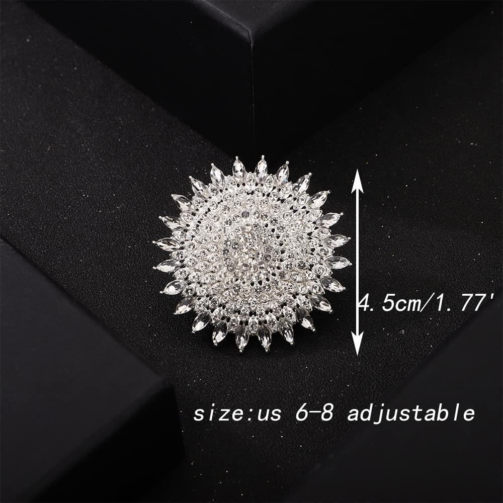 YERTTER Boho Silver Thick Big Round Gemstone Ring - Adjustable Crystal Ethnic Statement Ring for Women - Vintage Rhinestone Band Jewelry for Wedding, Brides, Party & Special Occasions (Silver)
