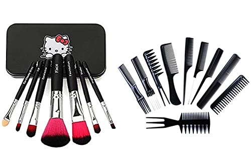 Natural Look Fiber Brush Makeup Mini Kit - Black Set of 7+10 Pieces Hair Combo for Cutting & Styling | Perfect for Travel, Salon & Home Use