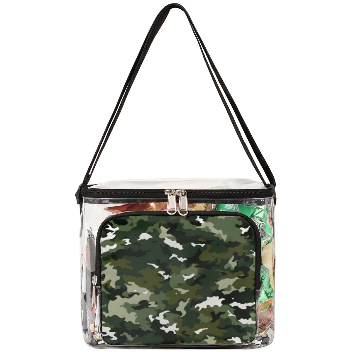 GzLeyigou Camouflage Print Clear Tote Bag with Handles - Fashion Camo Green Transparent Crossbody Shoulder Bag for Lunch, Outdoor, Travel, Picnic, Concerts & Sports Events (Stadium Approved) - Perfect for School, Beach, Shopping & Festival Use