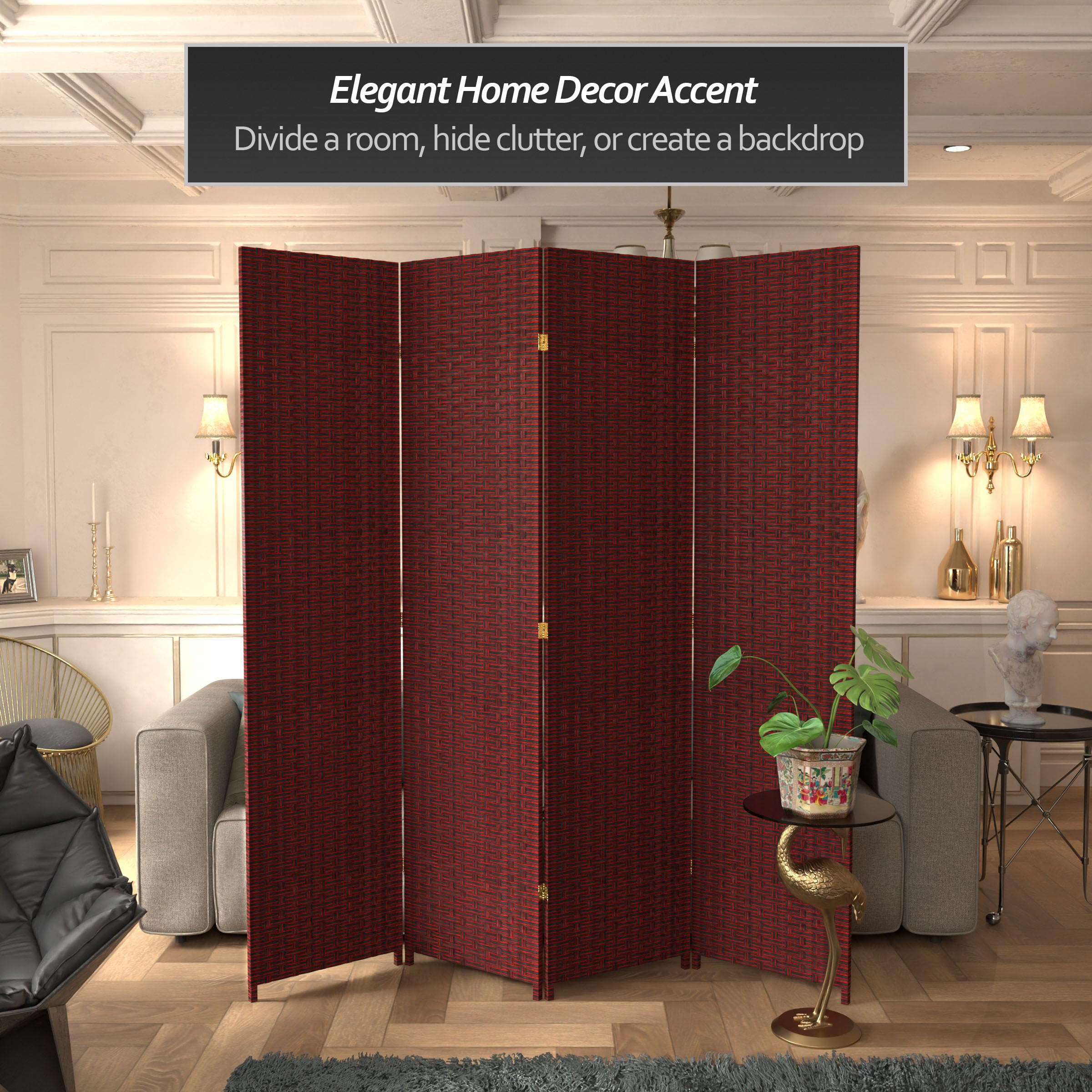 7 ft Tall Red and Black Woven Fiber Room Divider - 4 Panel Folding Privacy Screen for Home, Office, or Outdoor Use