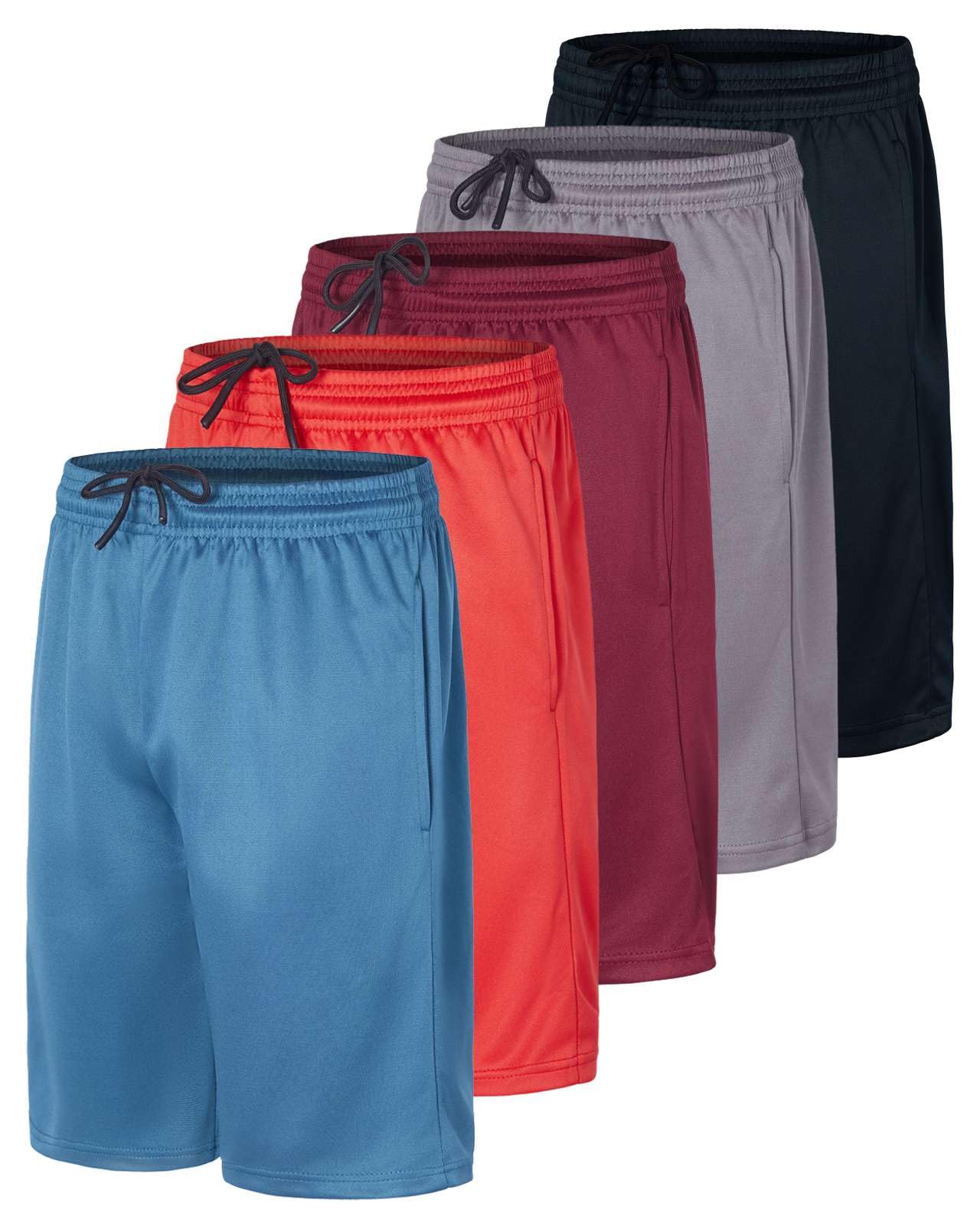 Real Essentials 5-Pack Boys' Athletic Basketball Shorts with Pockets - Breathable Quick-Dry Youth Sports Shorts for Basketball, Gym & Casual Wear (Ages 4-18)