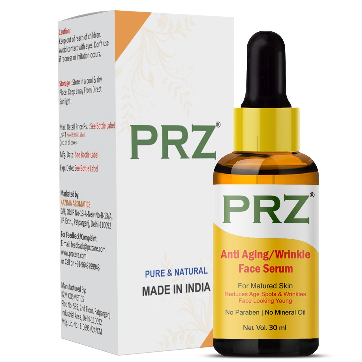 PRZ Anti Aging Wrinkle Face Serum (30ML) - Reduces Fine Lines, Age Spots & Wrinkles for Mature Skin | Paraben & Mineral Oil Free | Brightening & Hydrating Facial Treatment for Day & Night Use