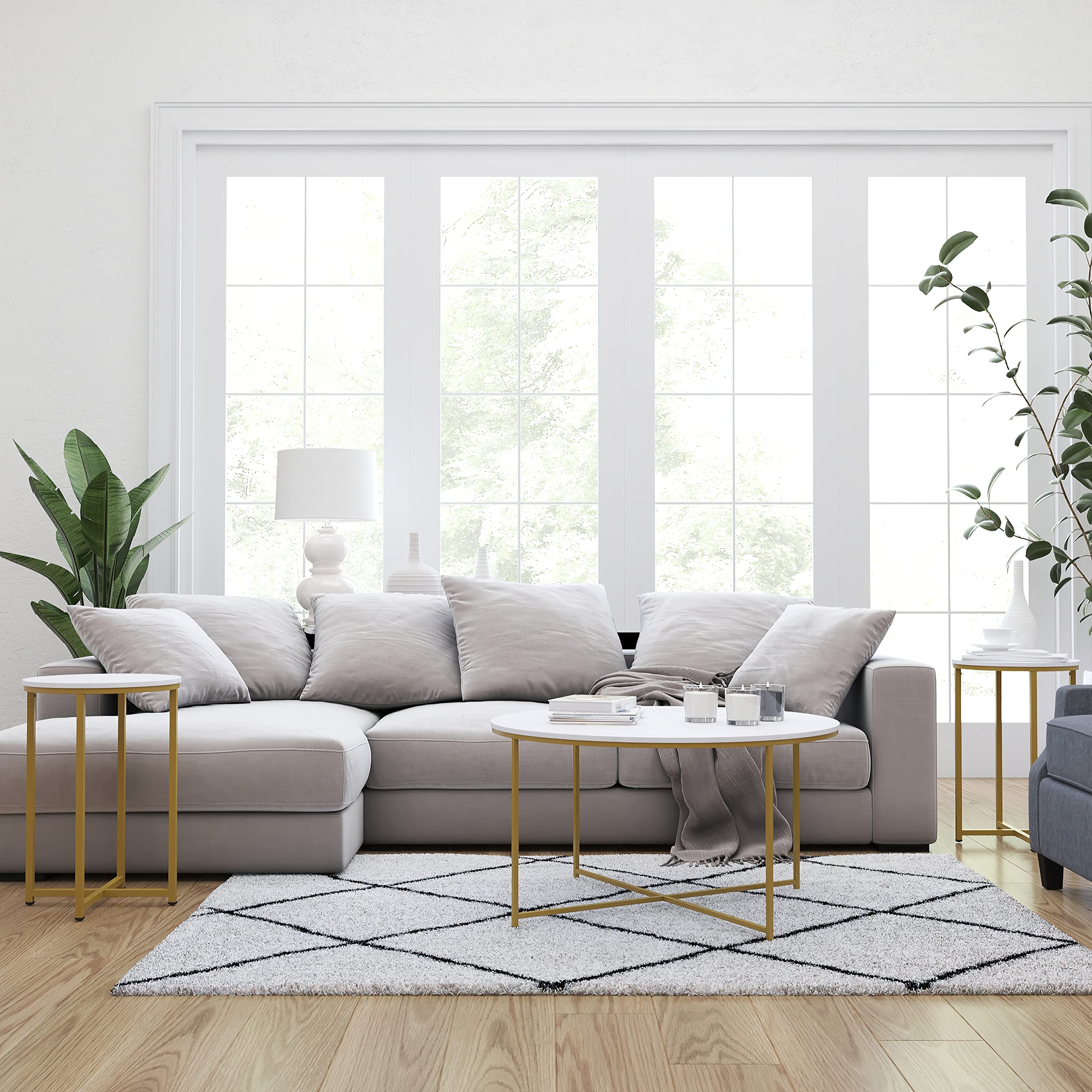 Merrick Lane Fairdale Round 3-Piece Coffee Table Set - White Marble Top with Brushed Gold Crisscross Frame - Coffee Table & 2 Side Tables - Perfect for Living Room, Lounge & Home Decor