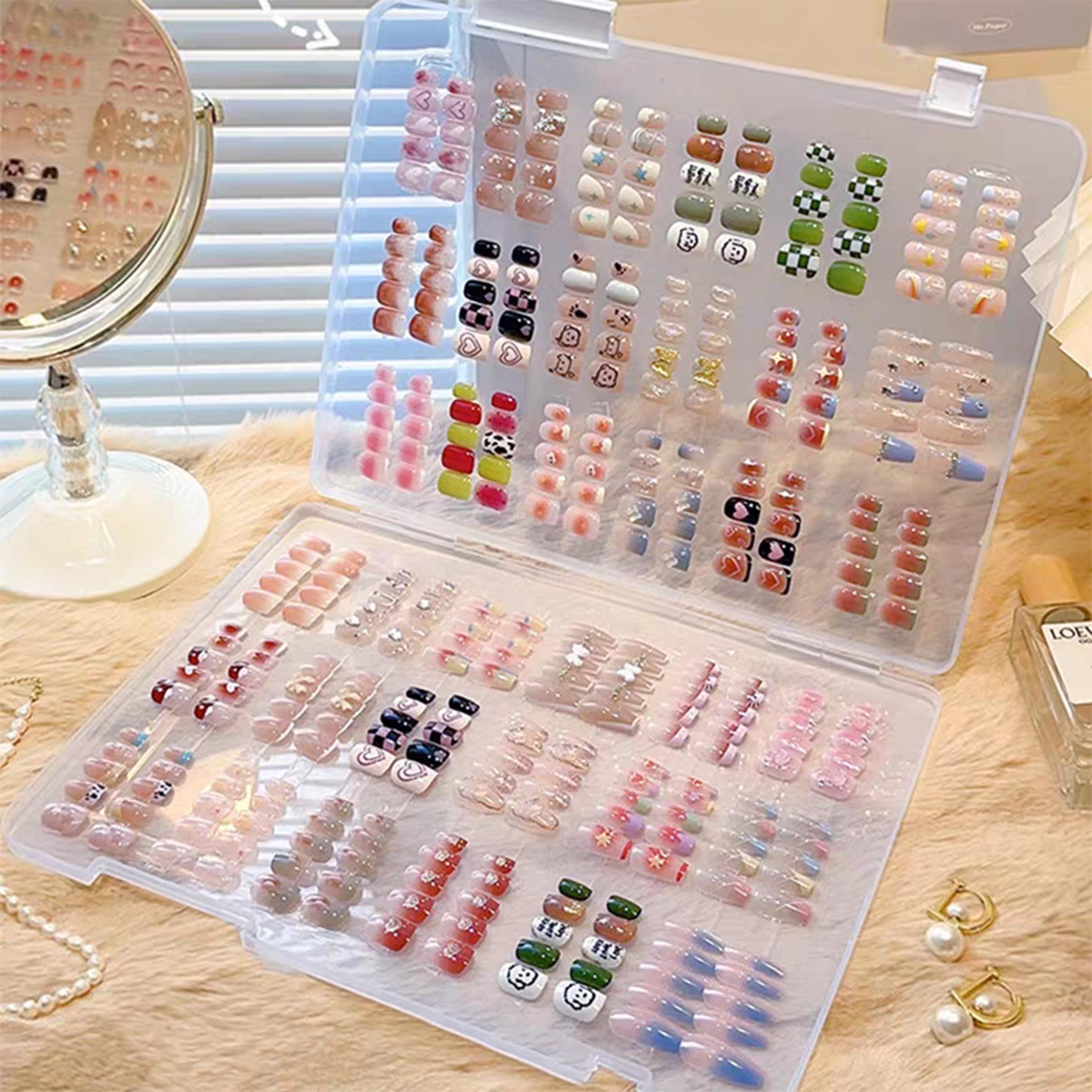 Large Clear Press on Nails Storage Box Set - Empty Acrylic Nail Packaging Organizer with 50 Display Stands & Double-Sided Adhesive Tape - Perfect for Salon Storage, Nail Art Business, and Personal Item Organization