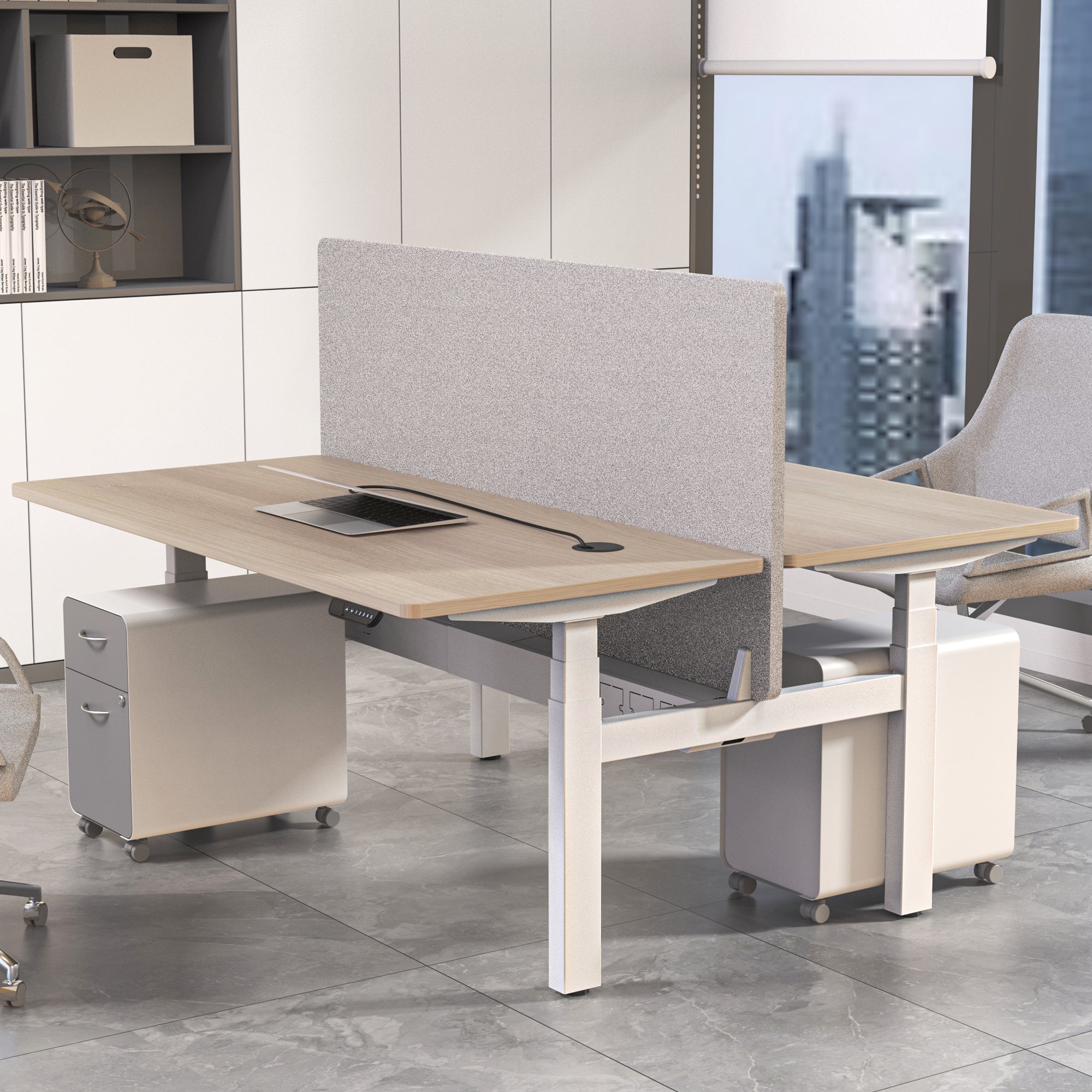 MARLO 2-Person Adjustable Height Workstation with Dual Lift Mechanism - 1.4M Oak & White Standing Desk for Home Office & Workspace - Perfect for Shared Workspaces, Small Offices & Remote Work