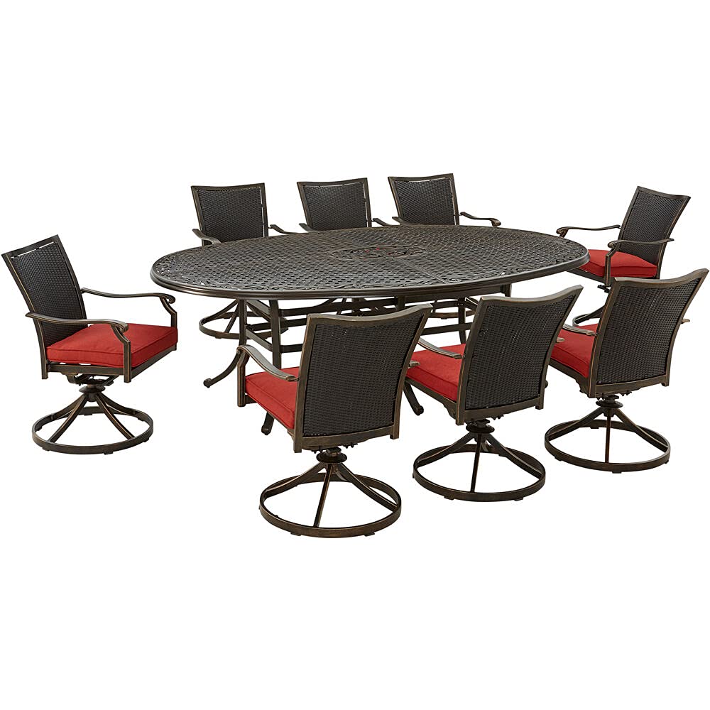 Hanover Traditions 9-Piece Outdoor Dining Set with 8 Red Wicker Swivel Rockers & 95
