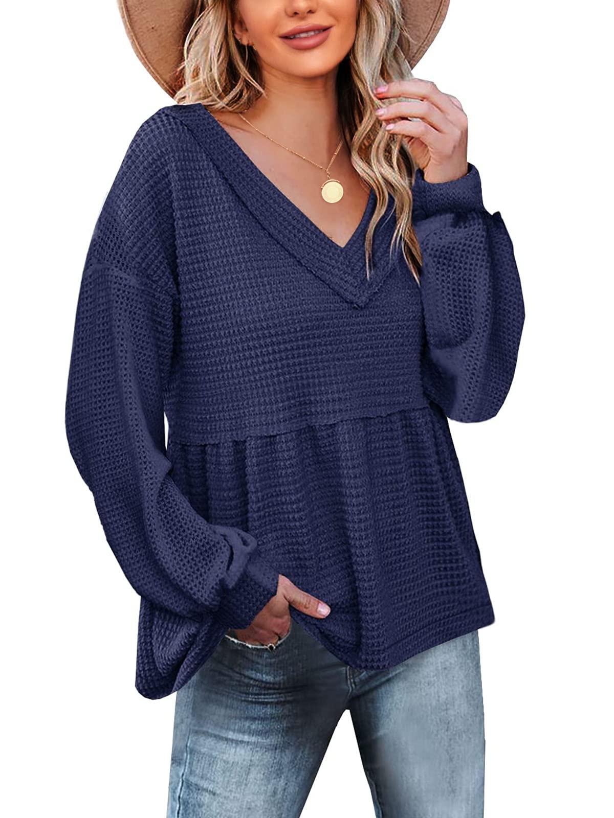 Women's Waffle Knit Long Sleeve Peplum Blouse with Ruffled Layered Hem - Casual Fall Tops for Work, Date Night & Everyday Wear