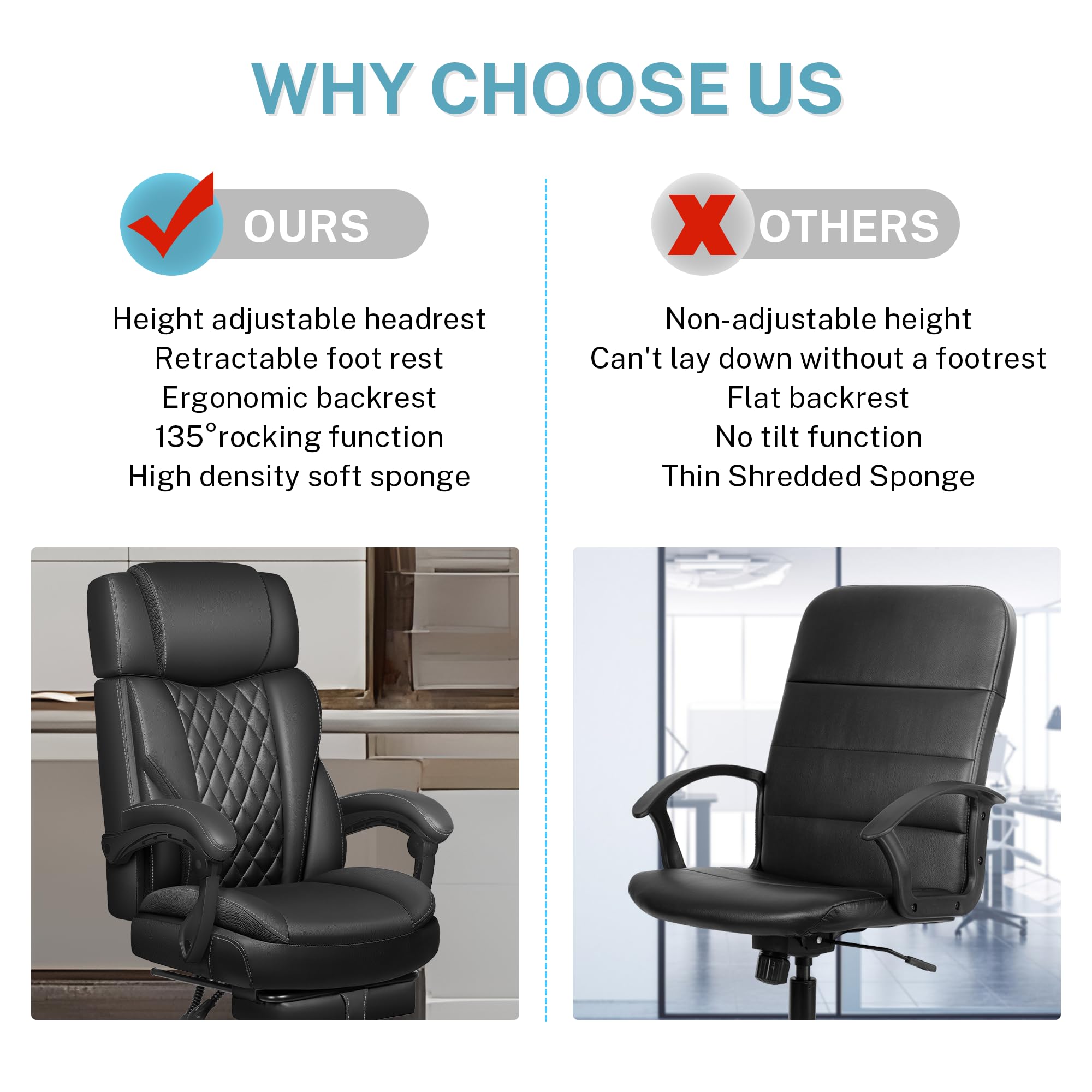 Premium Executive Leather Office Chair - Big & Tall Ergonomic Desk Chair with Adjustable Lumbar Support, Footrest & Reclining Function | Perfect for Home Office, Gaming & Professional Workspaces