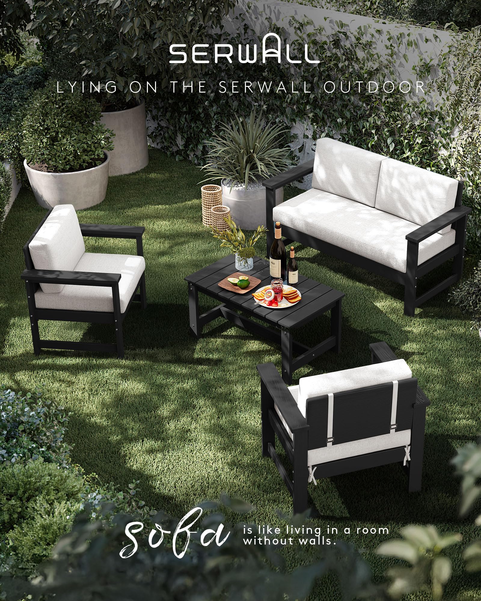 SERWALL 4-Piece Outdoor Patio Furniture Set - All-Weather HDPE Loveseat Sofa with Cushions & Coffee Table, Black Frame & Khaki Cushions for Garden, Deck, Backyard or Poolside Relaxation