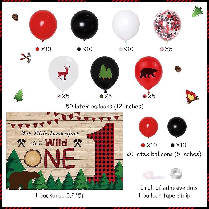 Lumberjack Balloon Garland & Buffalo Plaid Backdrop - 1st Birthday Party Decorations for Boys | Wild One Theme, Photo Booth Props, Baby Shower & Gender Reveal Party Supplies